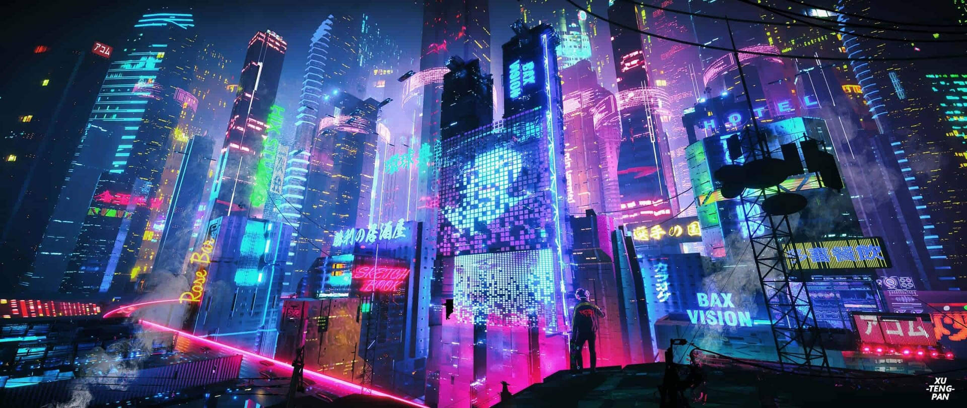 Aesthetic Purple Neon Computer Of Megacity Wallpaper
