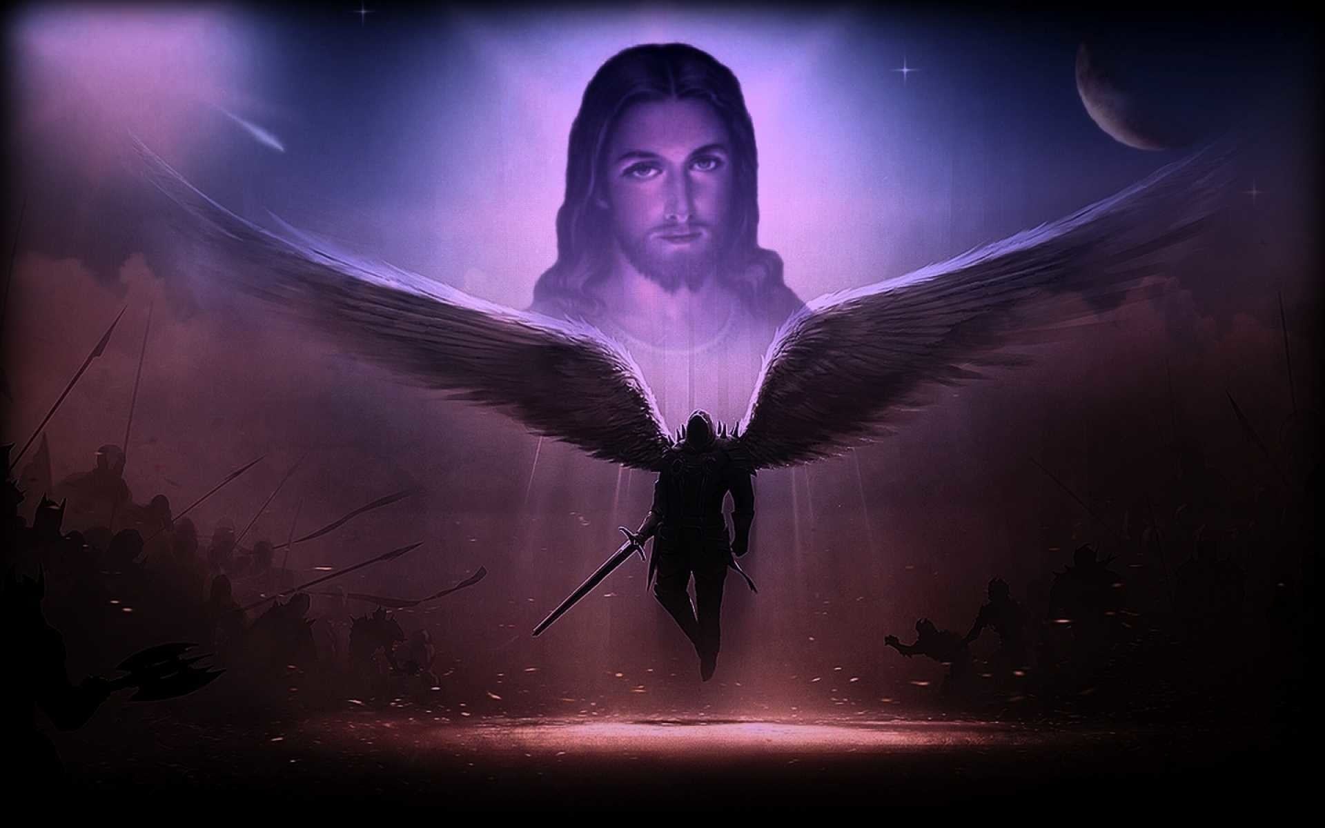 A digital artwork depicting an angelic warrior with large wings, a sword, and Jesus Christ's face illuminated in the background