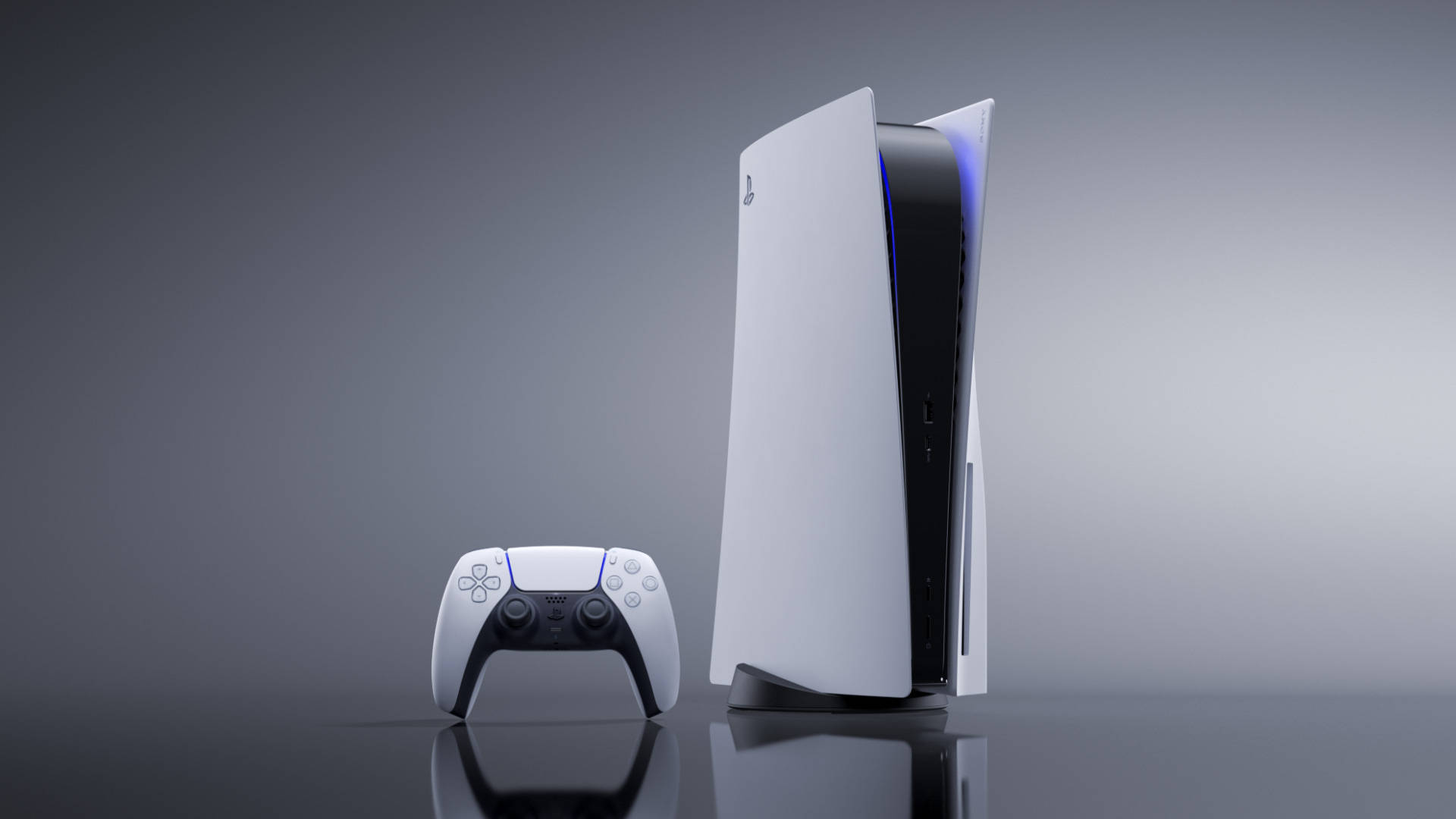 A sleek, white Playstation 5 console stands tall beside its matching DualSense controller against a minimalist gray backdrop