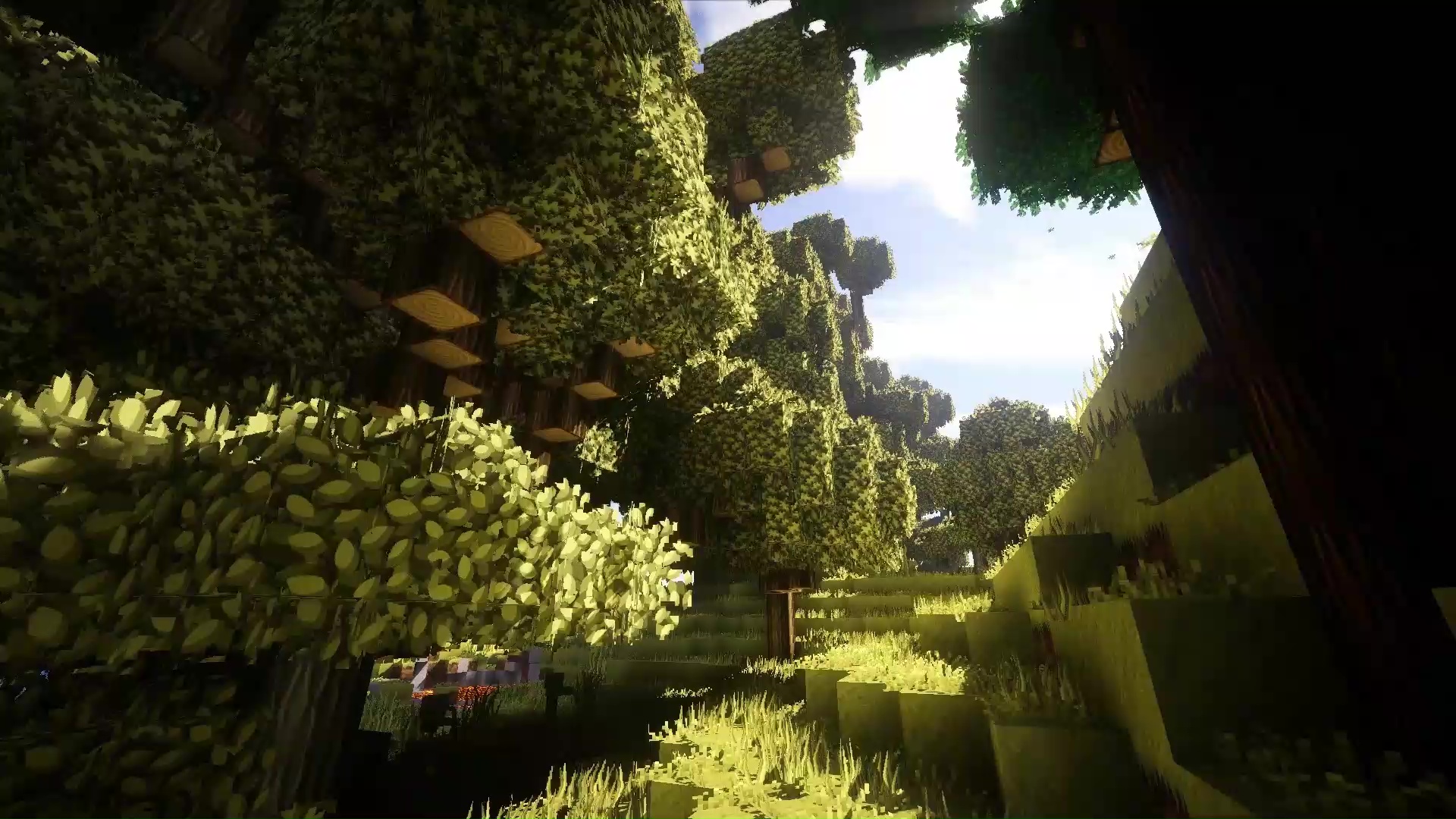 Lush forest scene in Minecraft with realistic lighting and textures, perfect for a 4K PC wallpaper