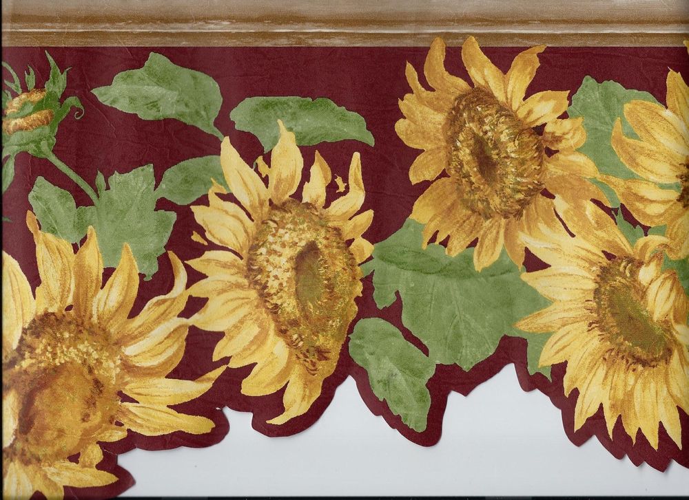 Country Yellow Sunflowers On Red Wallpaper Border