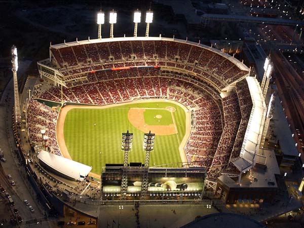 Aerial view of the first game at Great American Ball Park