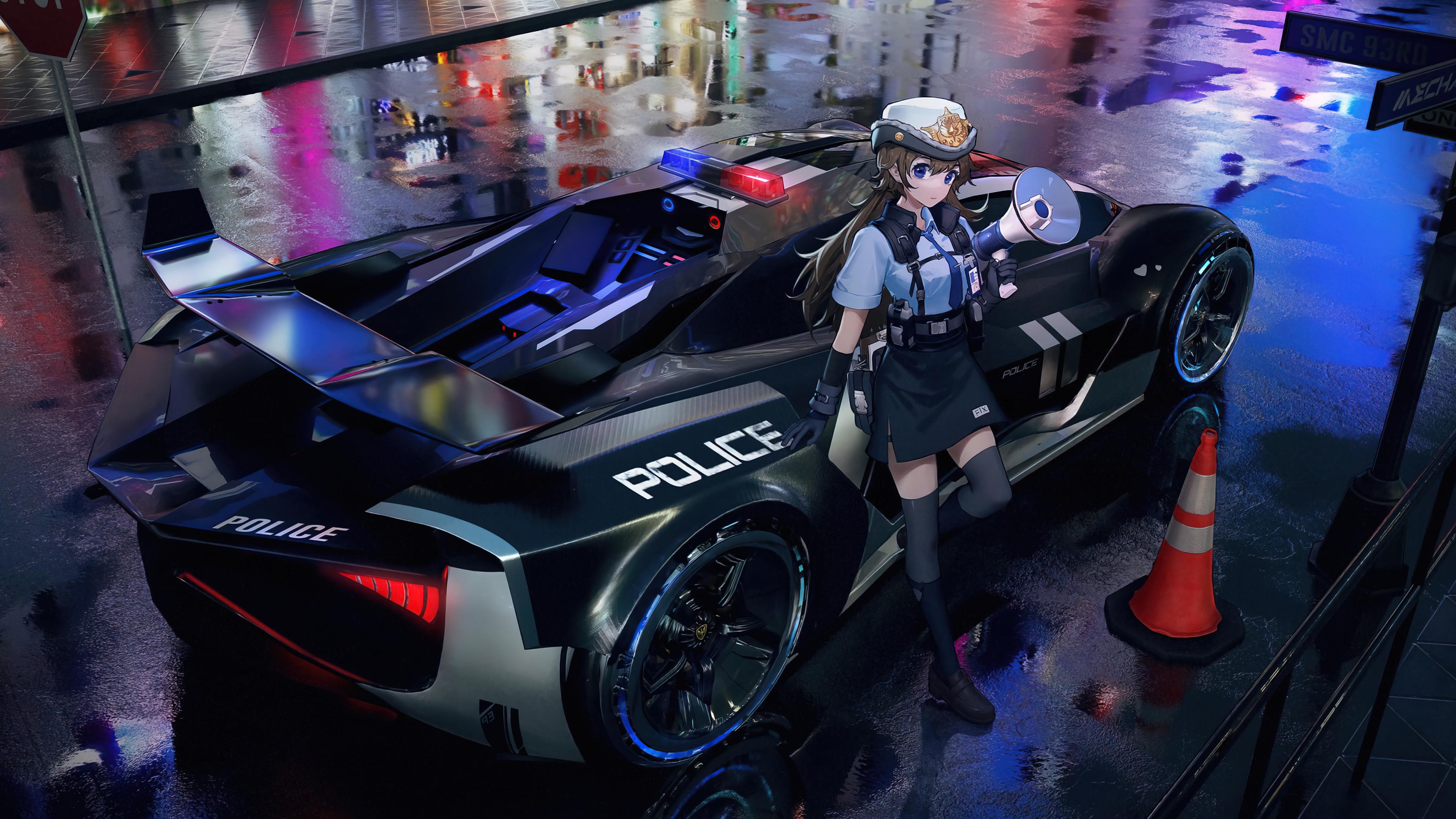 Anime Girl Police Car Wallpaper 4k