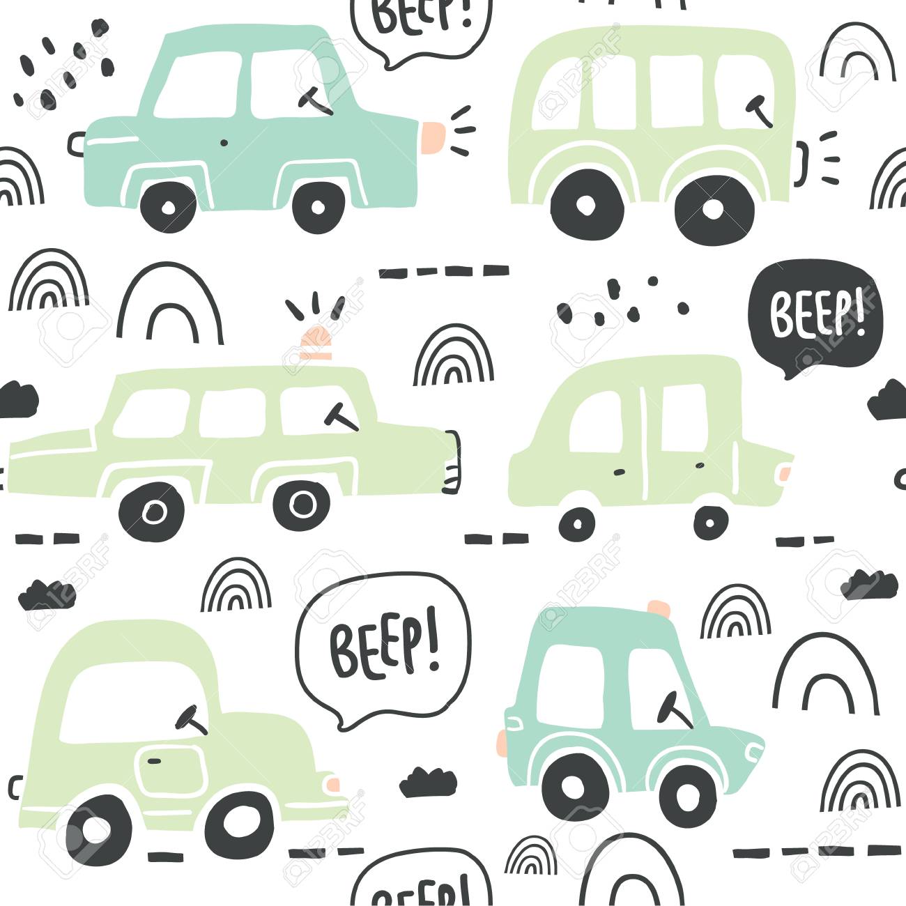 Seamless Pattern With Hand Drawn Cute Car Perfect For Kids Fabric