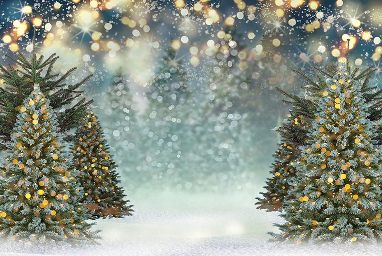 Sparkling Christmas trees in a snowy forest scene, perfect for a festive background