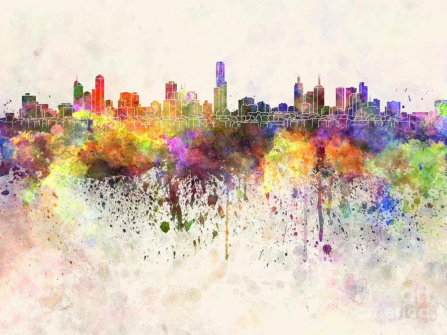 Melbourne Skyline In Watercolor Background Painting By Pablo Romero