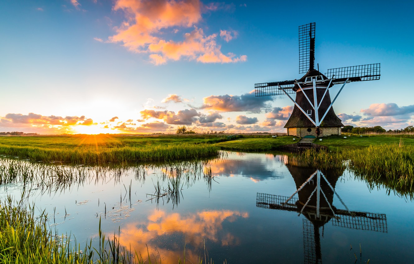 Wallpaper Morning Mill Channel Herlands Holland Image For