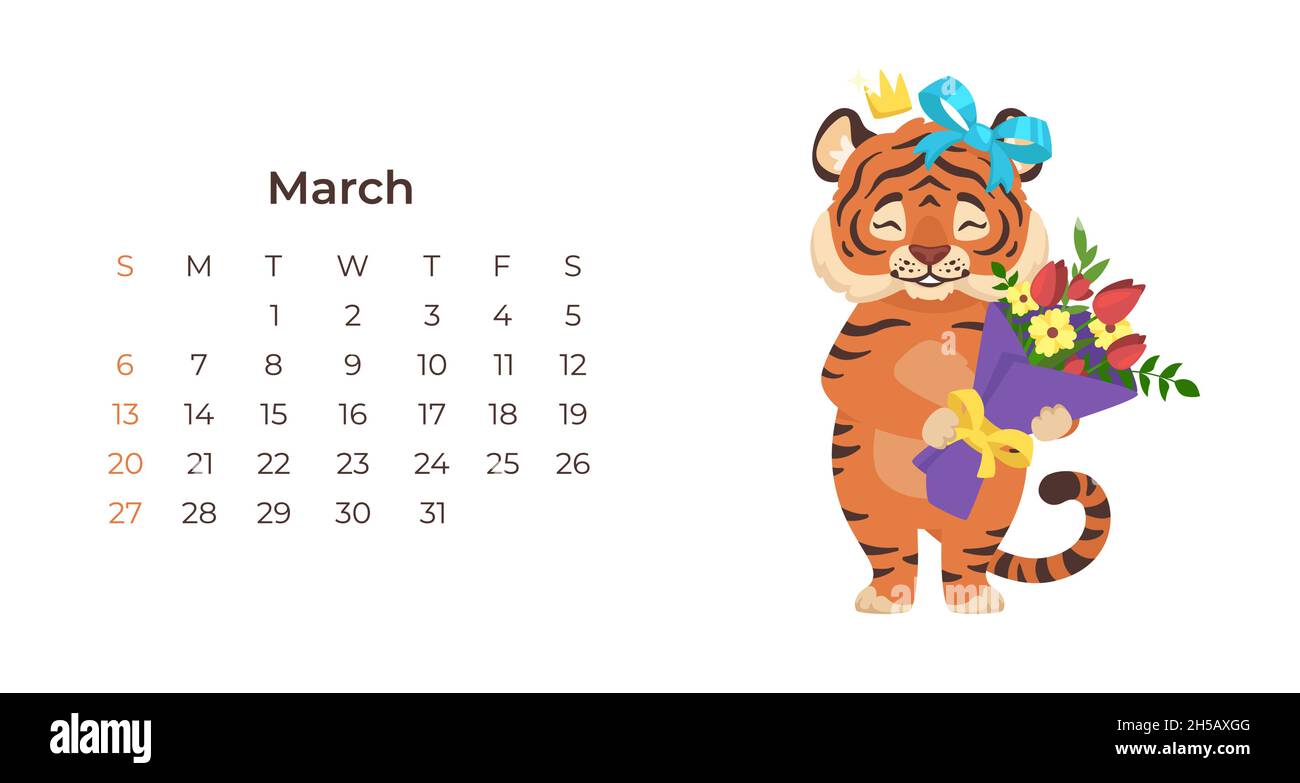 Cute Cartoon Tiger March Calendar Horizontal Template Stock