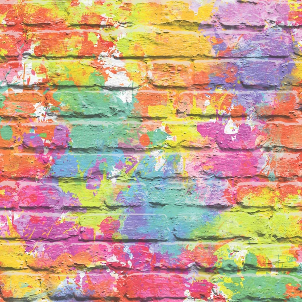 Muriva Painted Brick Pattern Wallpaper Paint Splash Colourful