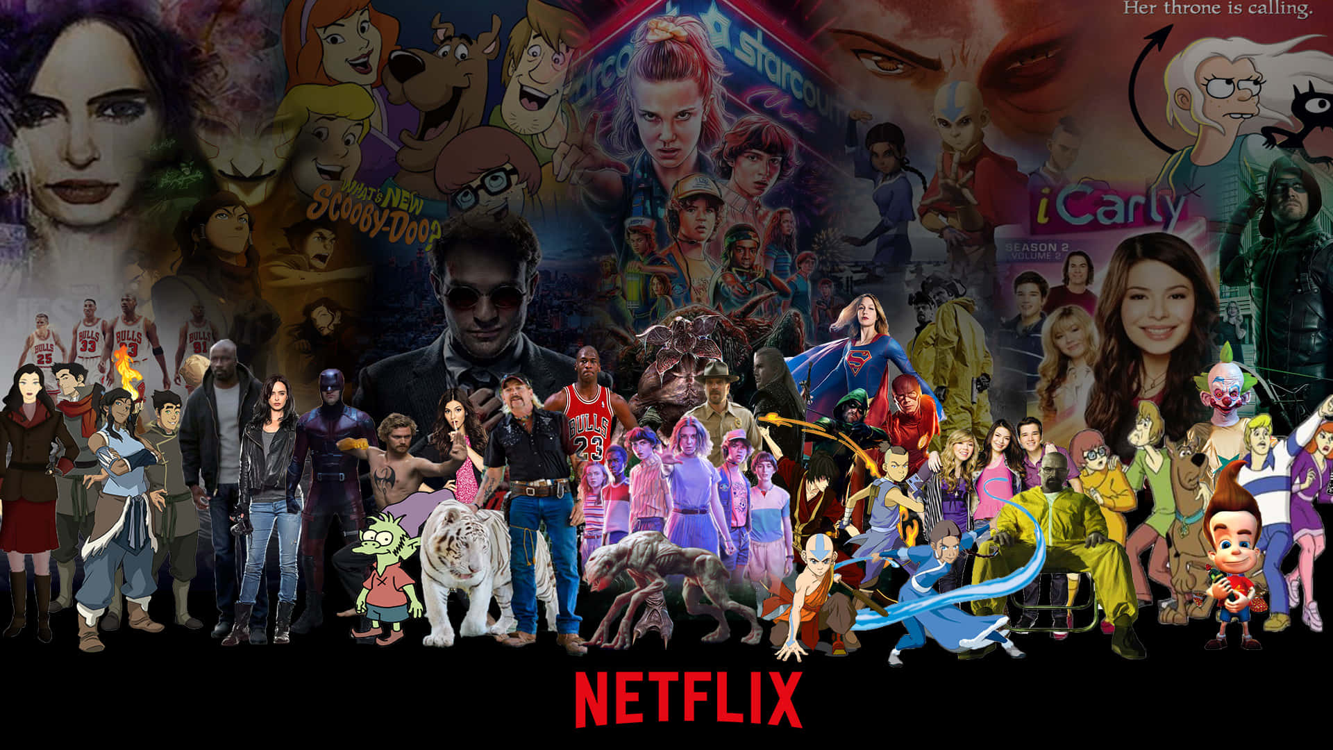 A collage of popular Netflix shows and characters, including Stranger Things, Avatar: The Last Airbender, iCarly, Daredevil, and more