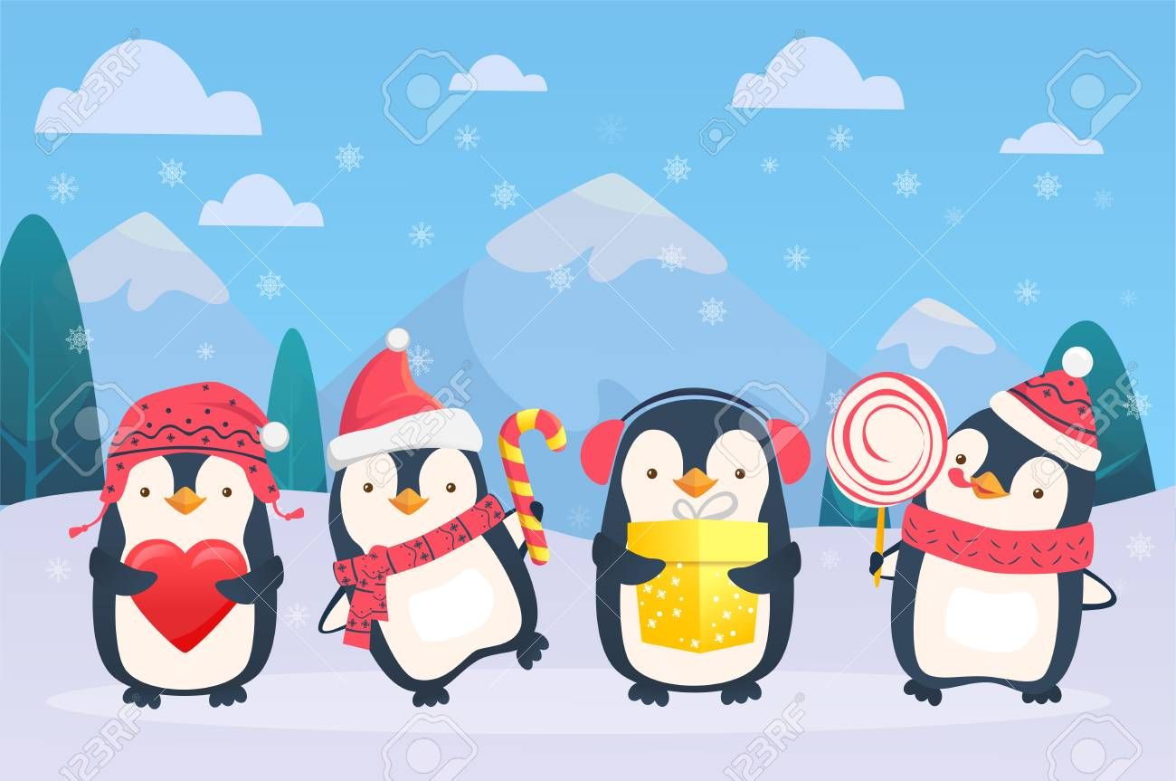 Christmas Penguins On Snowy Background Cartoon