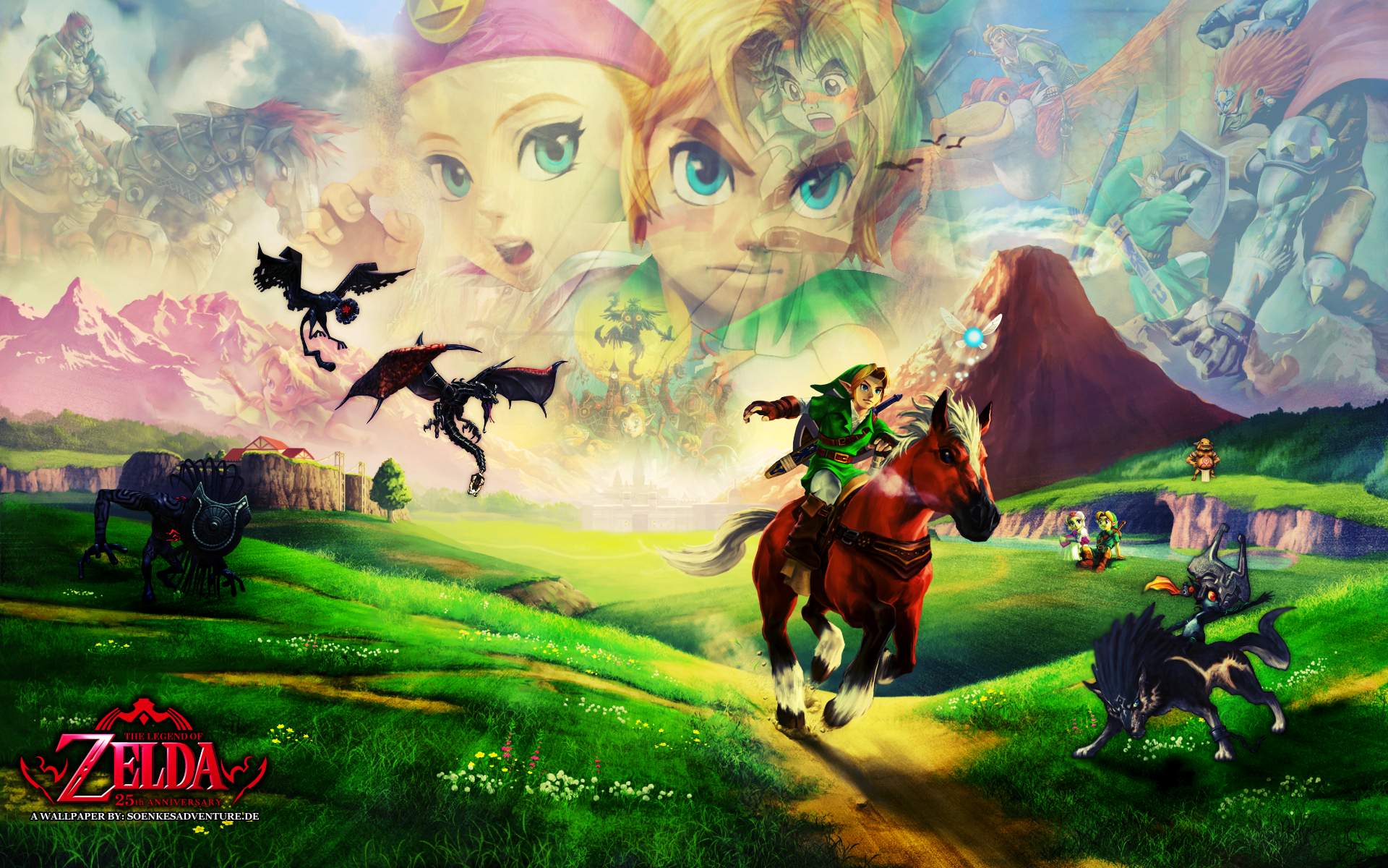 A vibrant collage wallpaper celebrating The Legend of Zelda, featuring Link riding Epona, various characters, enemies, and iconic landscapes from the series