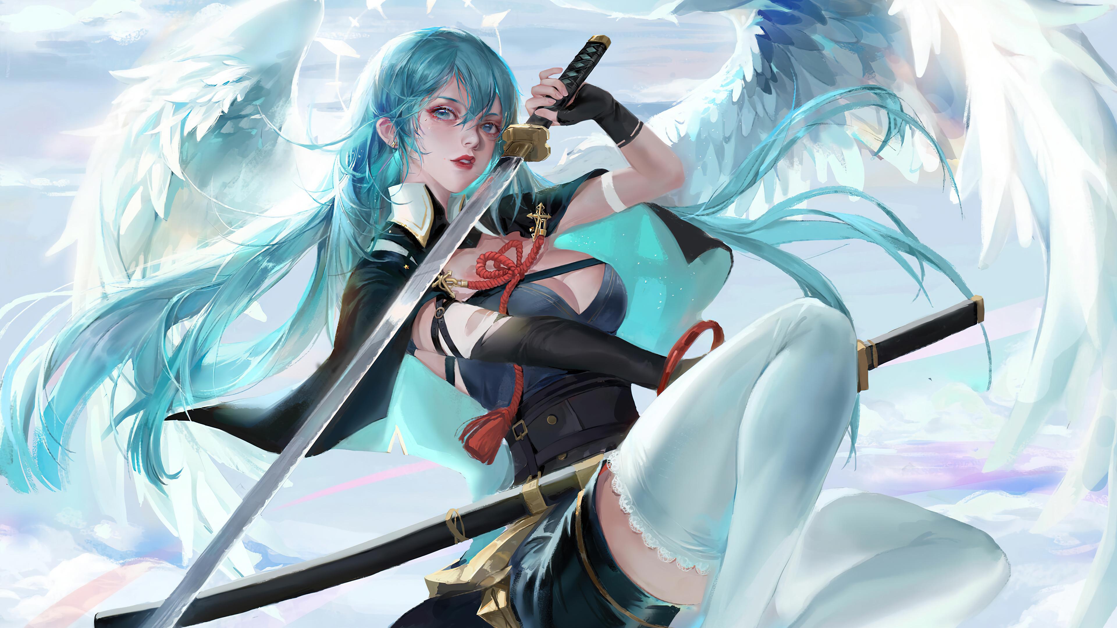 Angel Girl Anime Fantasy Katana Sword HD 4k Wallpaper