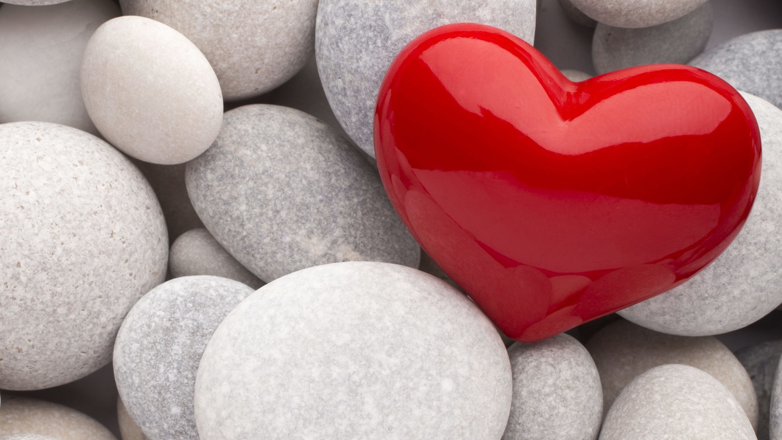A vibrant red heart nestled among smooth grey stones, symbolizing love and affection