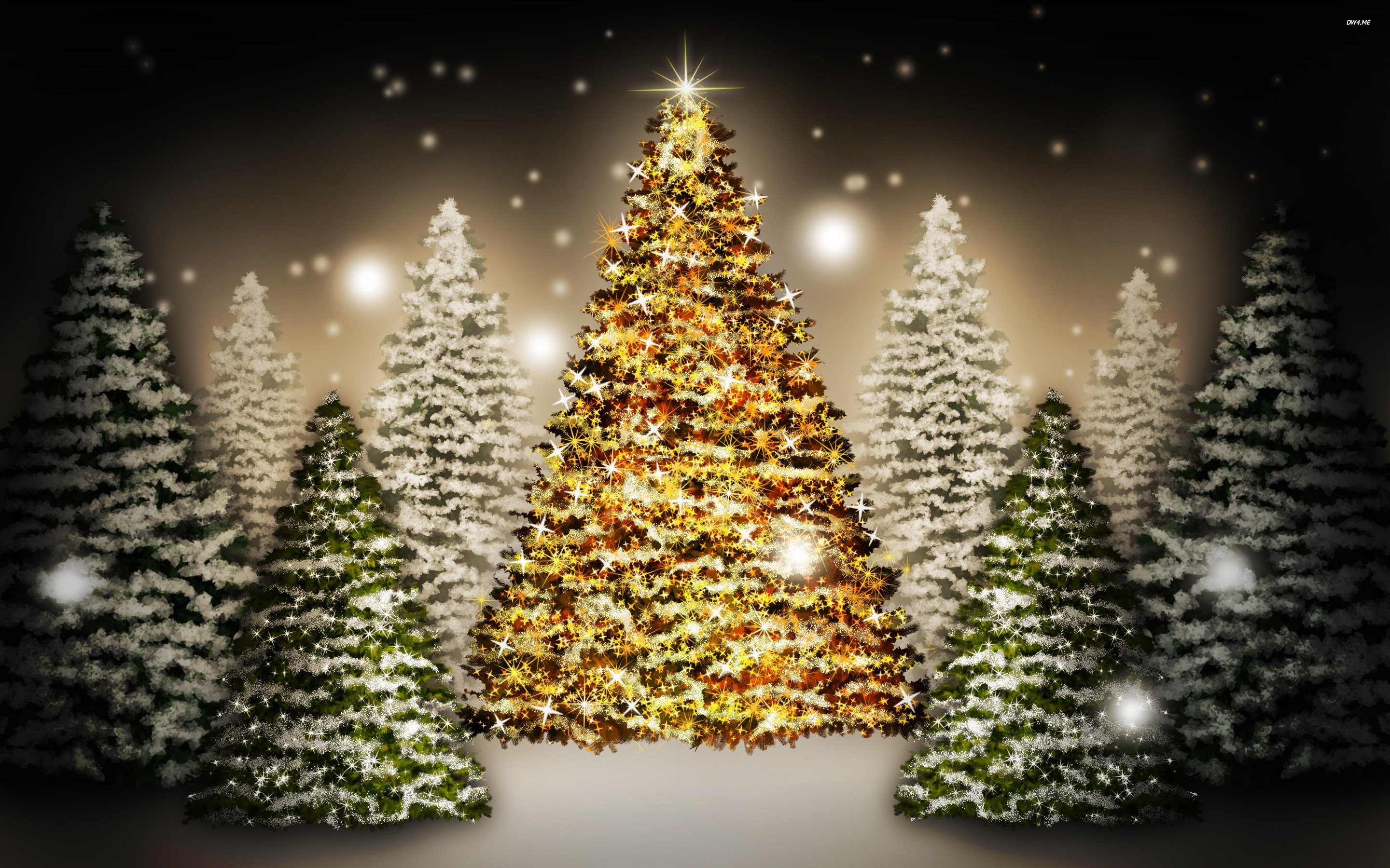 A golden Christmas tree illuminated with lights, surrounded by snow-dusted evergreens, creates a magical holiday scene