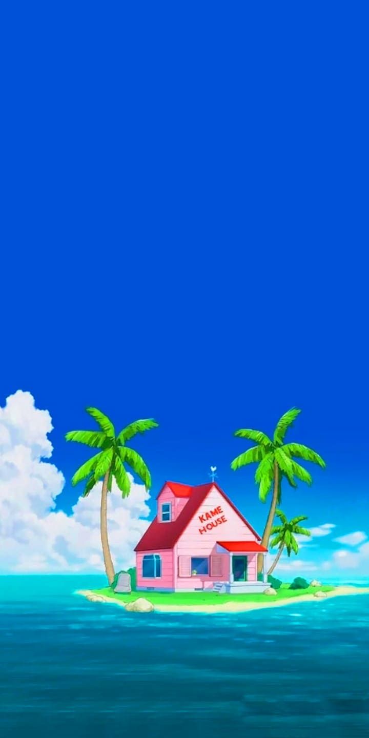 An Island With Palm Trees And A Pink House Wallpaper