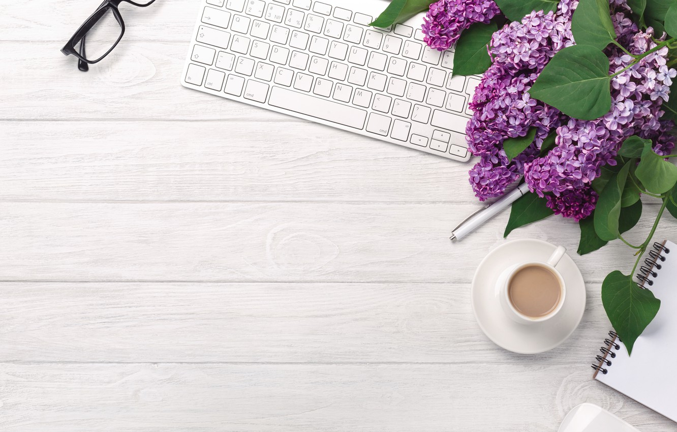 Wallpaper Flowers Coffee Spring Glasses Cup Keyboard Lilac