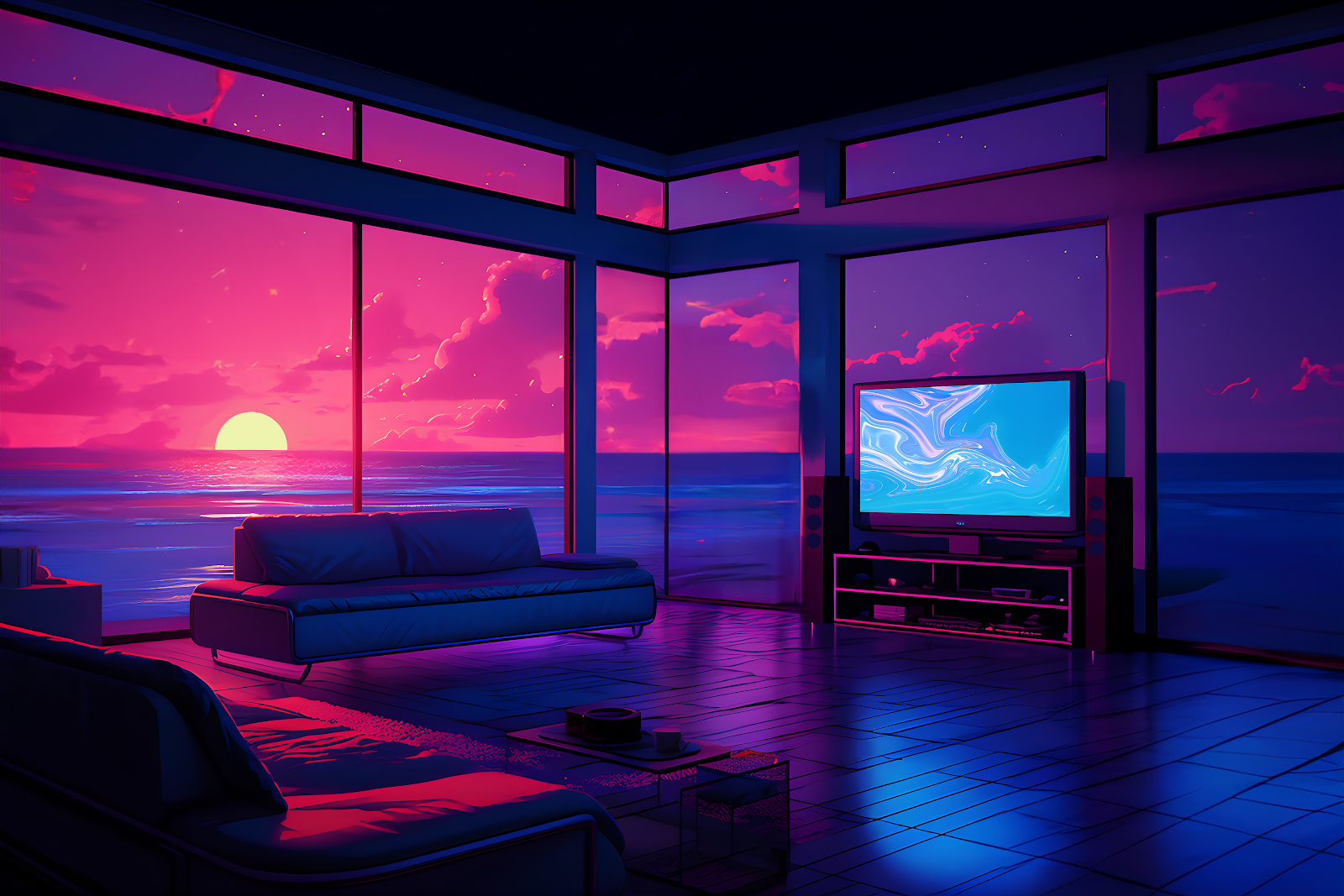 A 4K wallpaper featuring a stylish, modern living room with large windows overlooking a vibrant sunset over the ocean. The room is bathed in neon pink and blue hues, creating a retro, vaporwave aesthetic