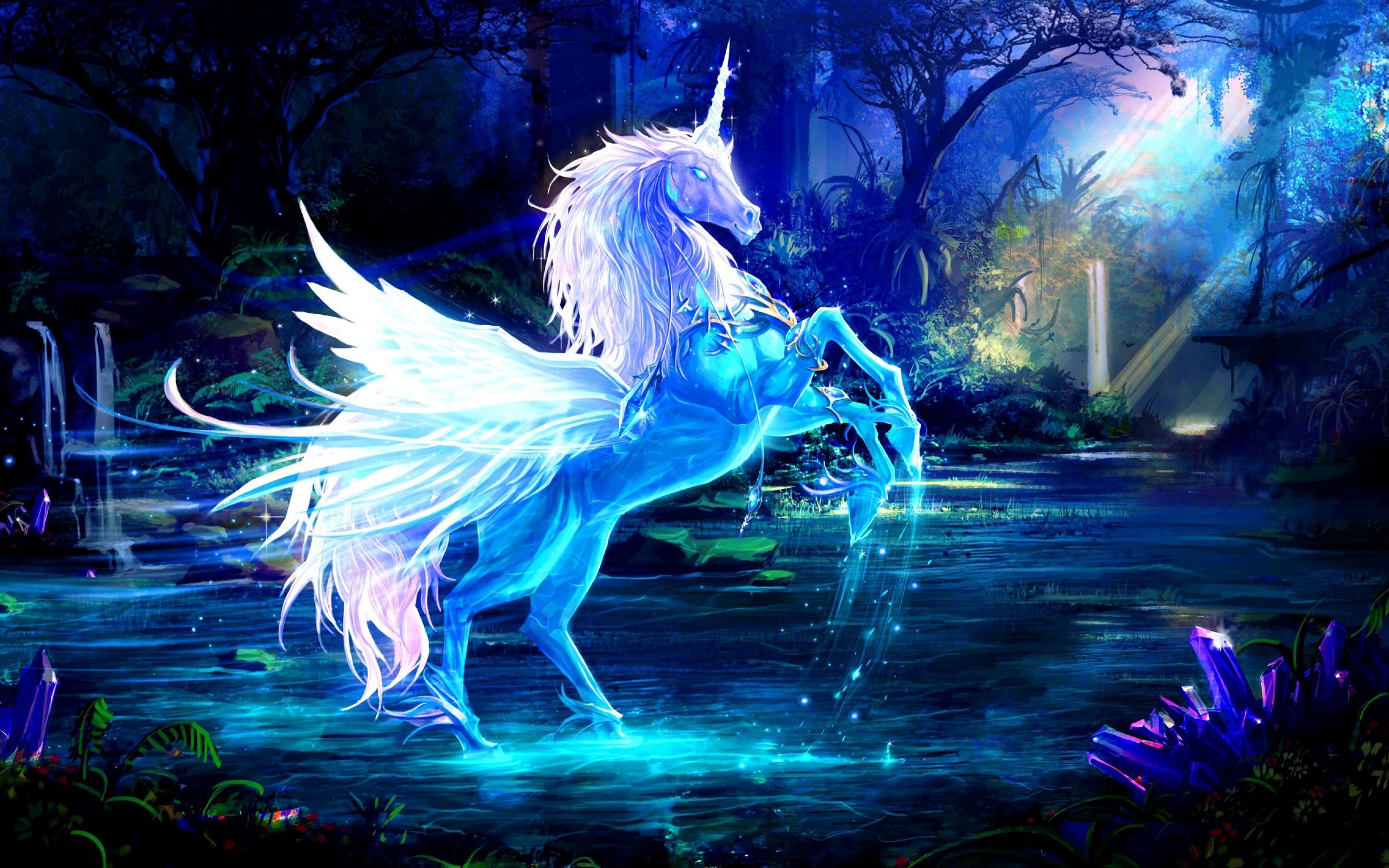 Unicorn Fantasy Water Forest Night Magic Wallpaper
