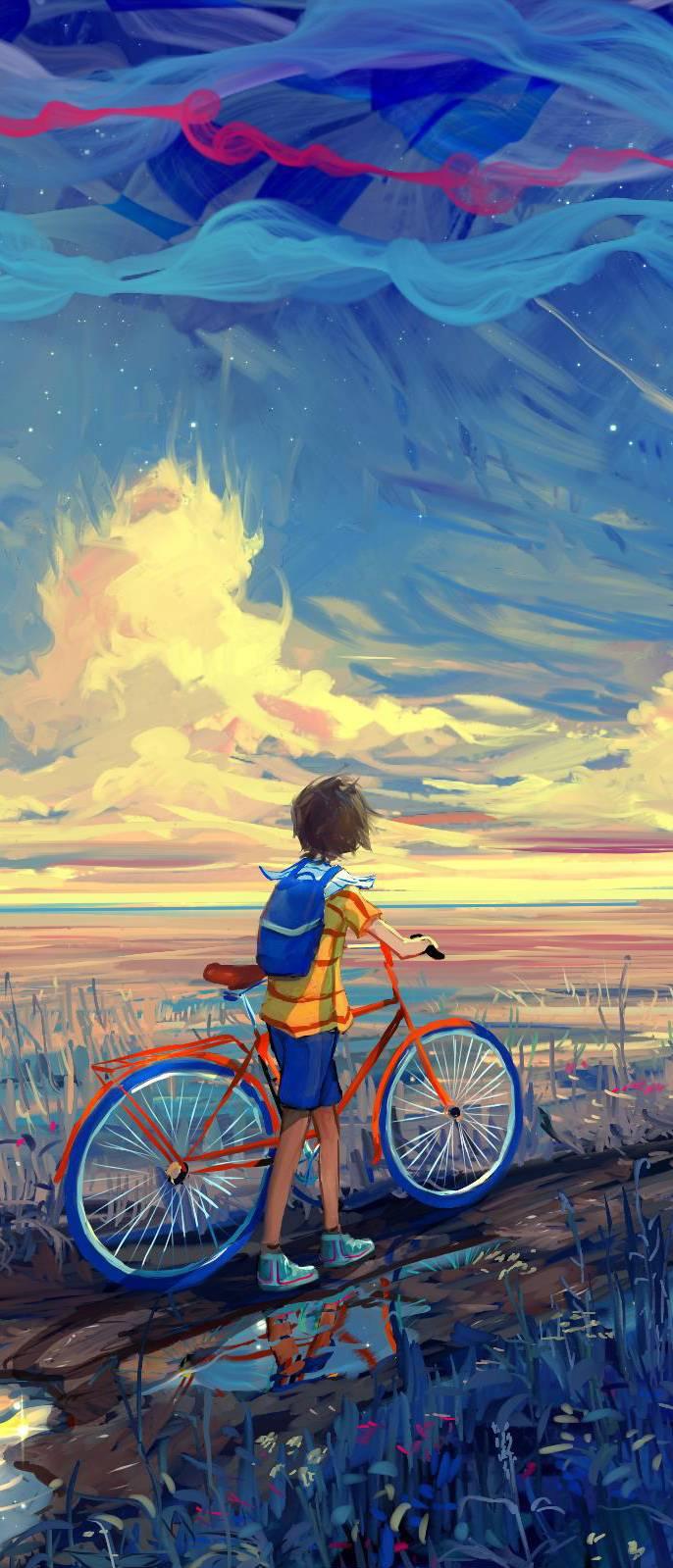Boy With A Bicycle Digital Art Wallpaper HD Mobile Walls