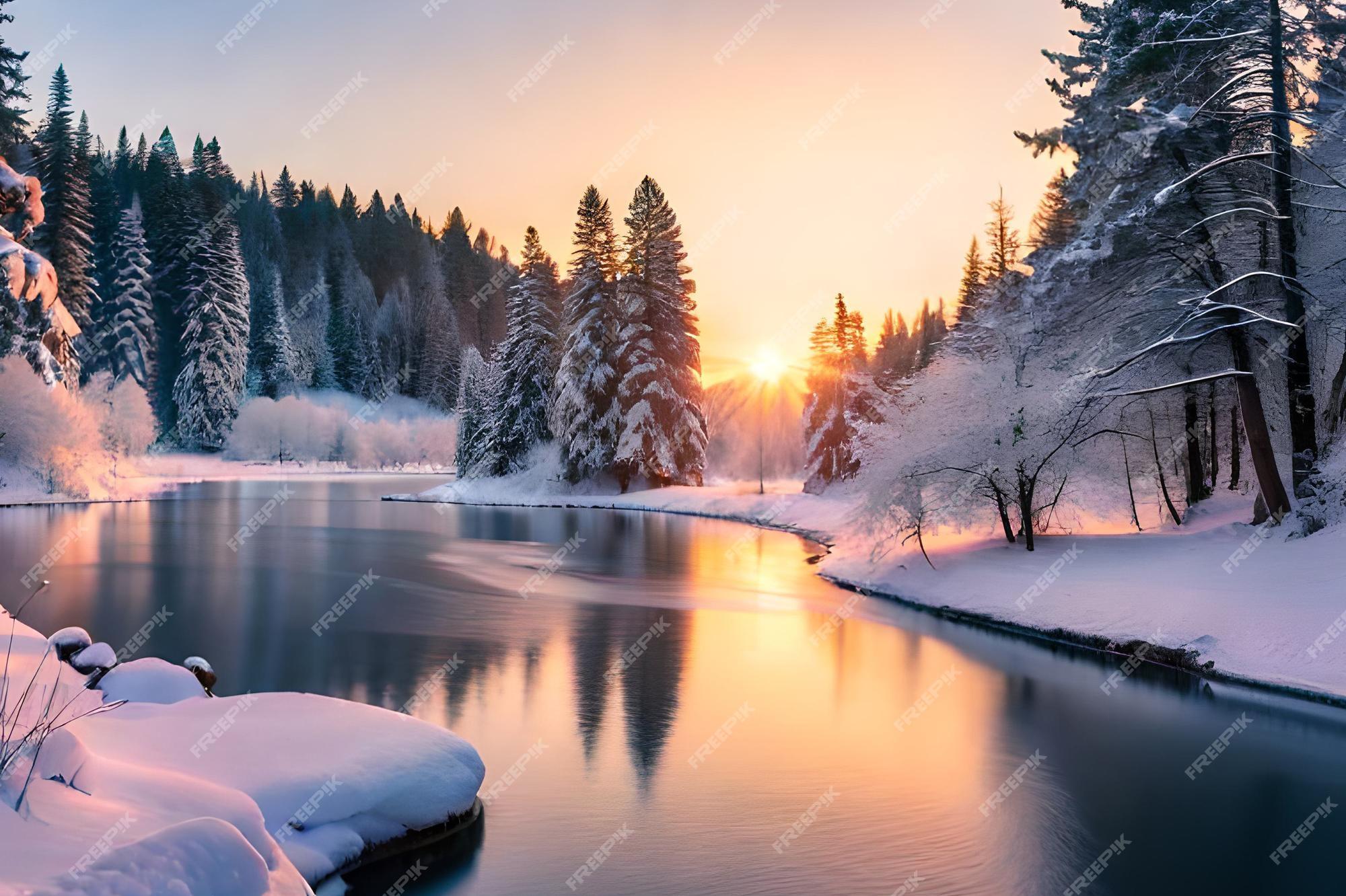 Premium Photo A winter scene with a river and trees in the