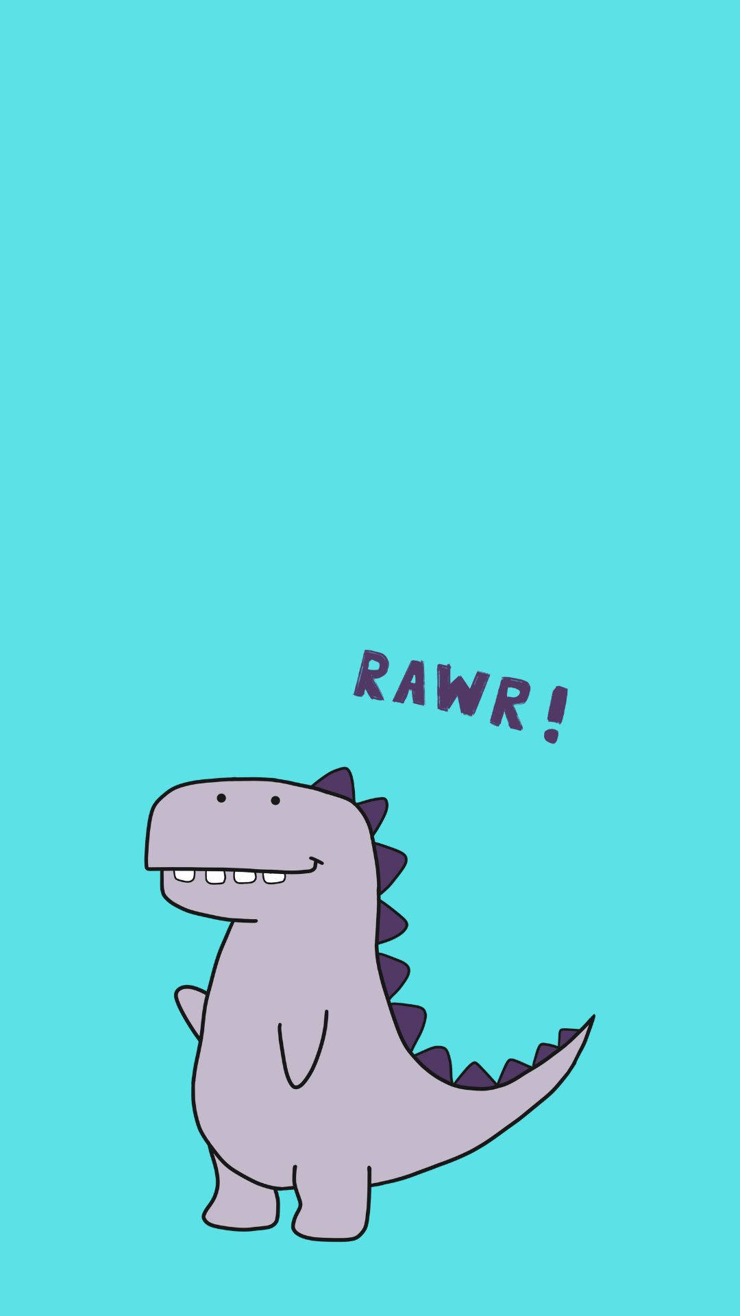 A cute, cartoon dinosaur with a friendly smile stands against a vibrant teal background. Its purple dorsal spines and tail add a touch of whimsy to the overall image. The word 