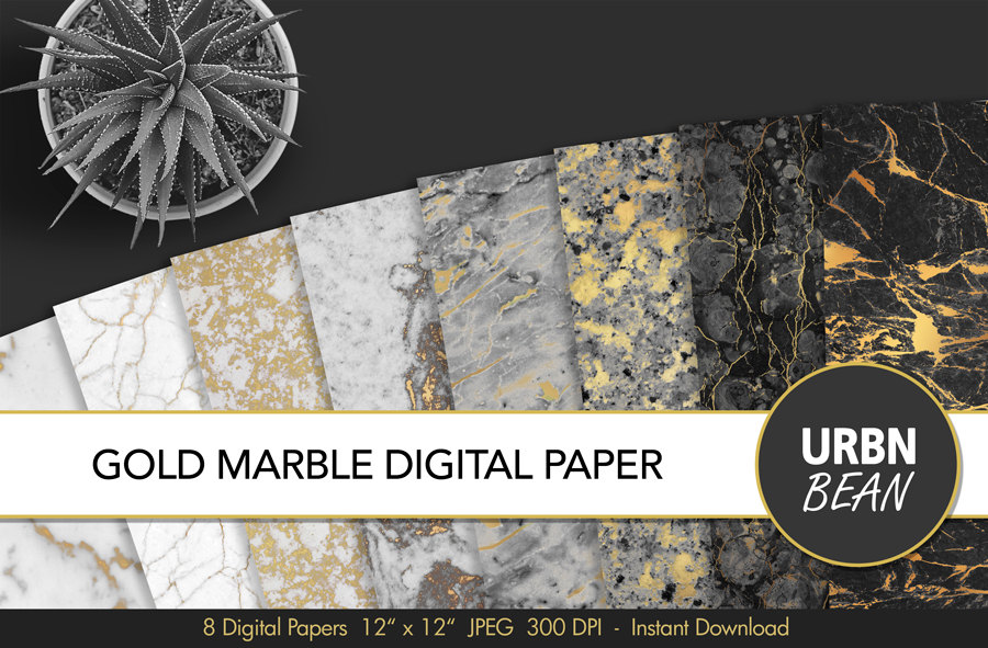 Marble Digital Paper Black and White and Gold Marble
