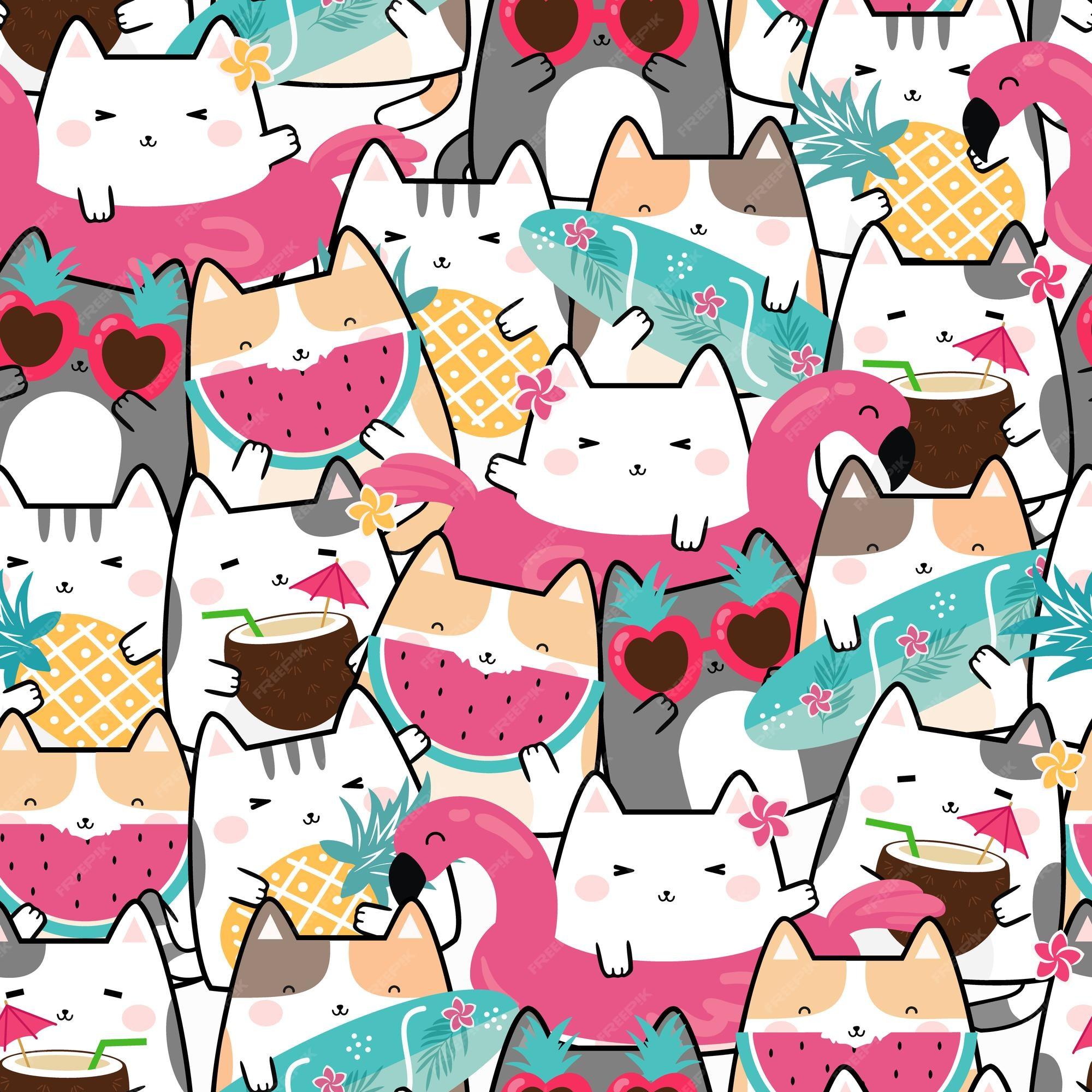 Premium Vector Seamless Pattern Kawaii Summer Cute Cats Design