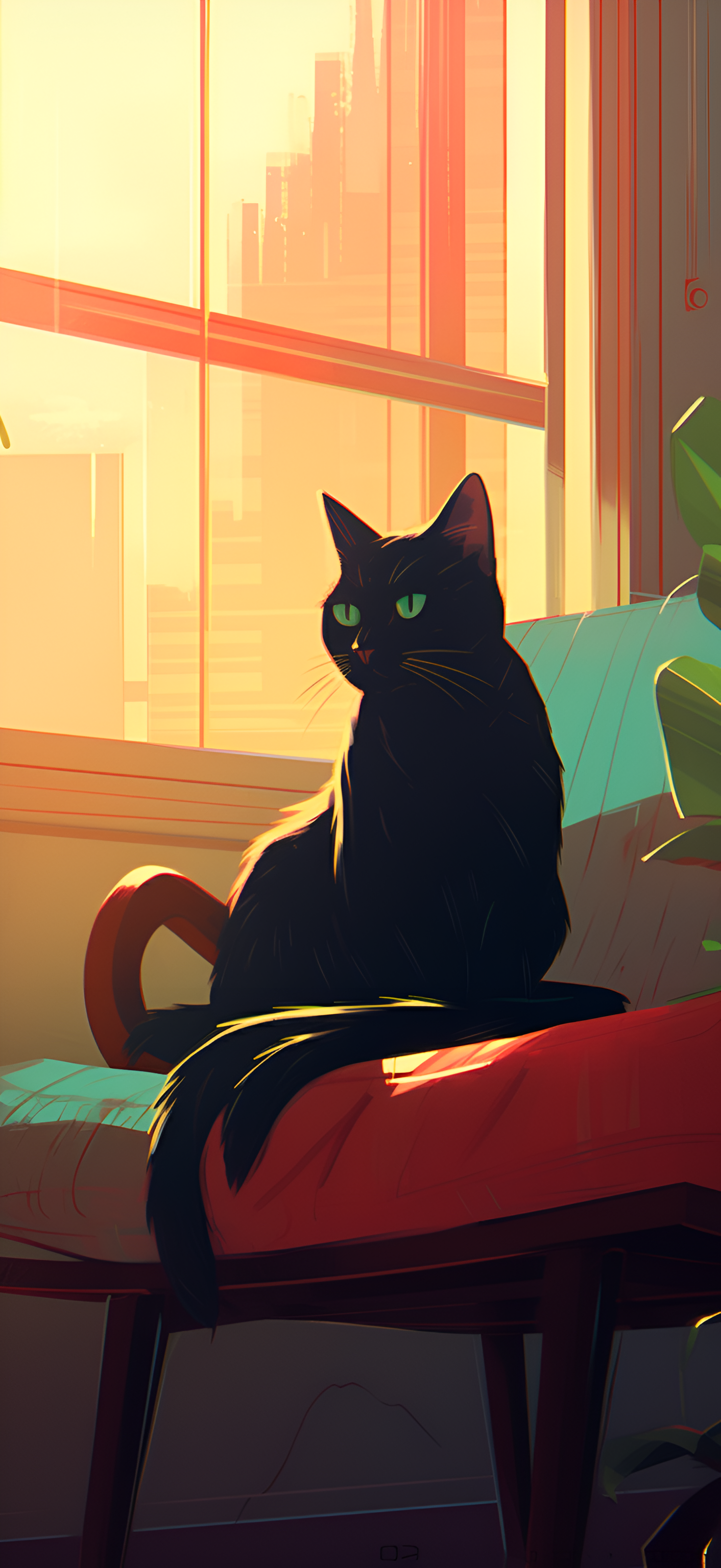 Black Cat With Green Eyes Sitting In Window City