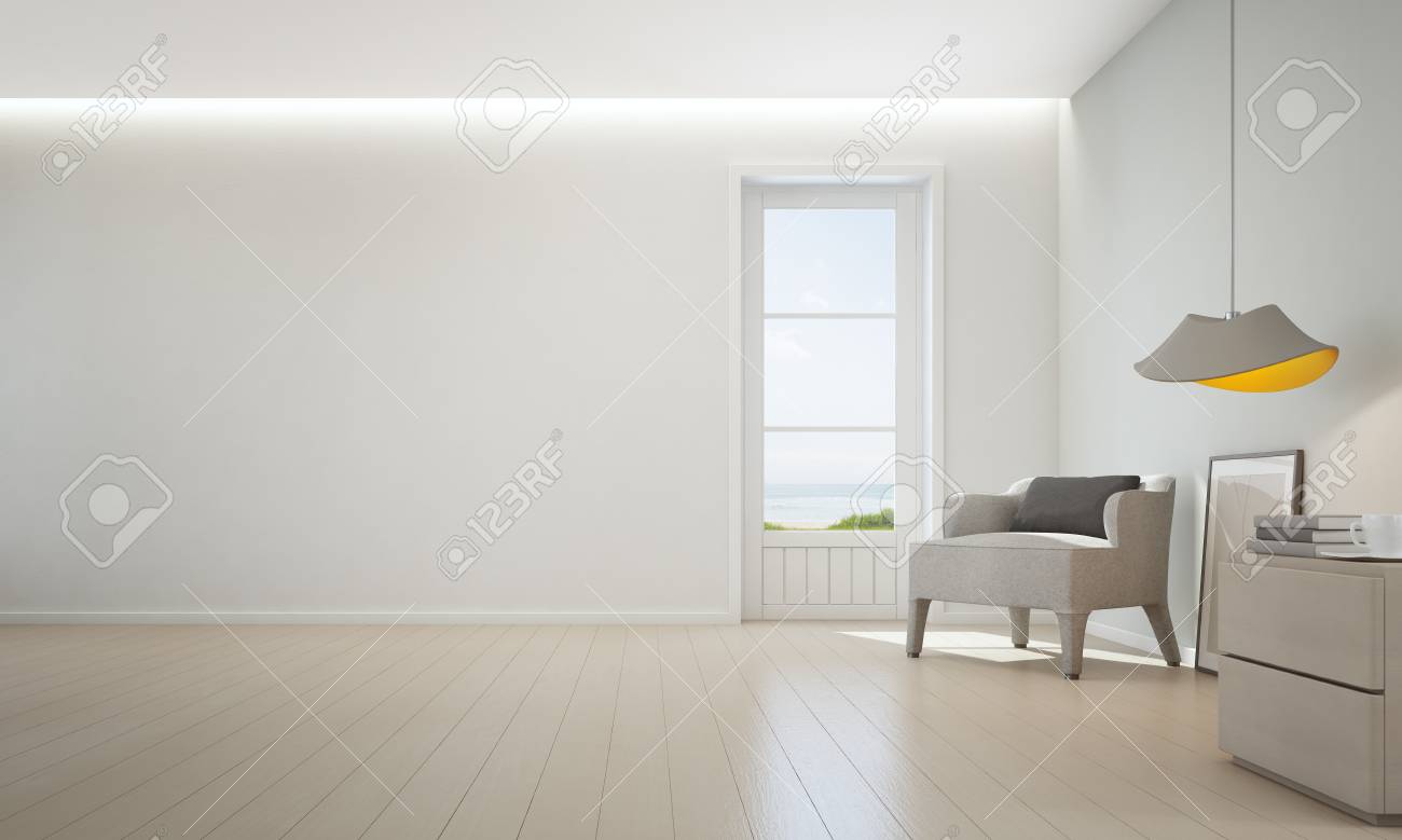 Sea Living Room With Wooden Floor And Empty White Wall