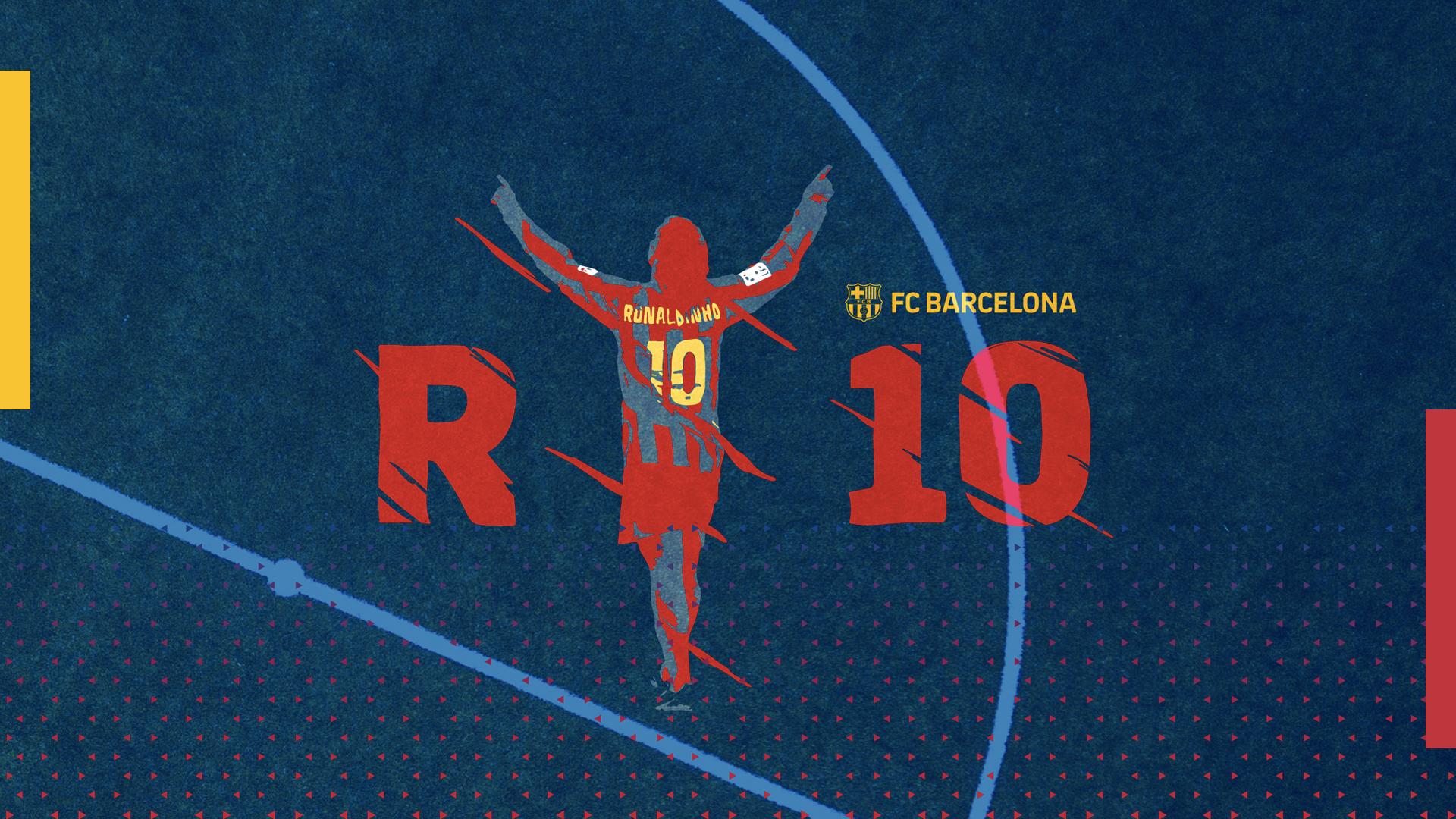 Ronaldinho celebrating in a Barcelona jersey with the number 10 on his back