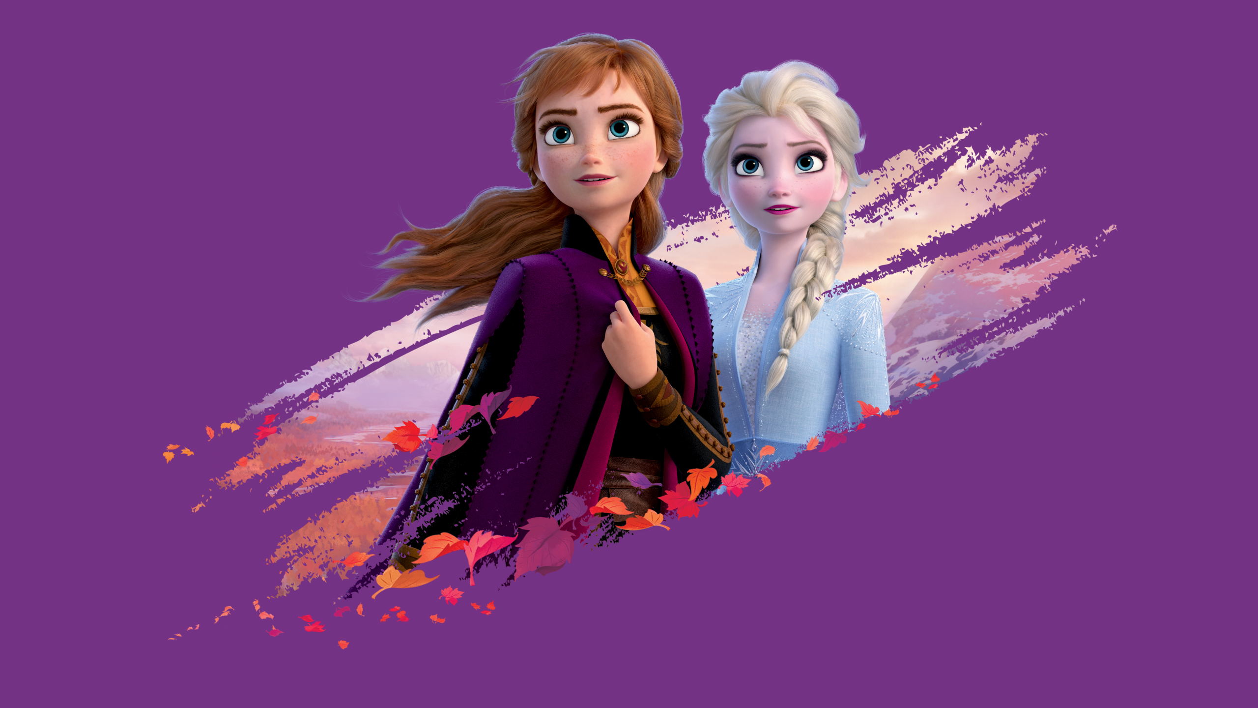 Anna and Elsa, the beloved sisters from Disney's Frozen, stand together against a vibrant backdrop of autumn leaves and a purple sky. This wallpaper captures the spirit of adventure and sisterhood that defines the Frozen franchise