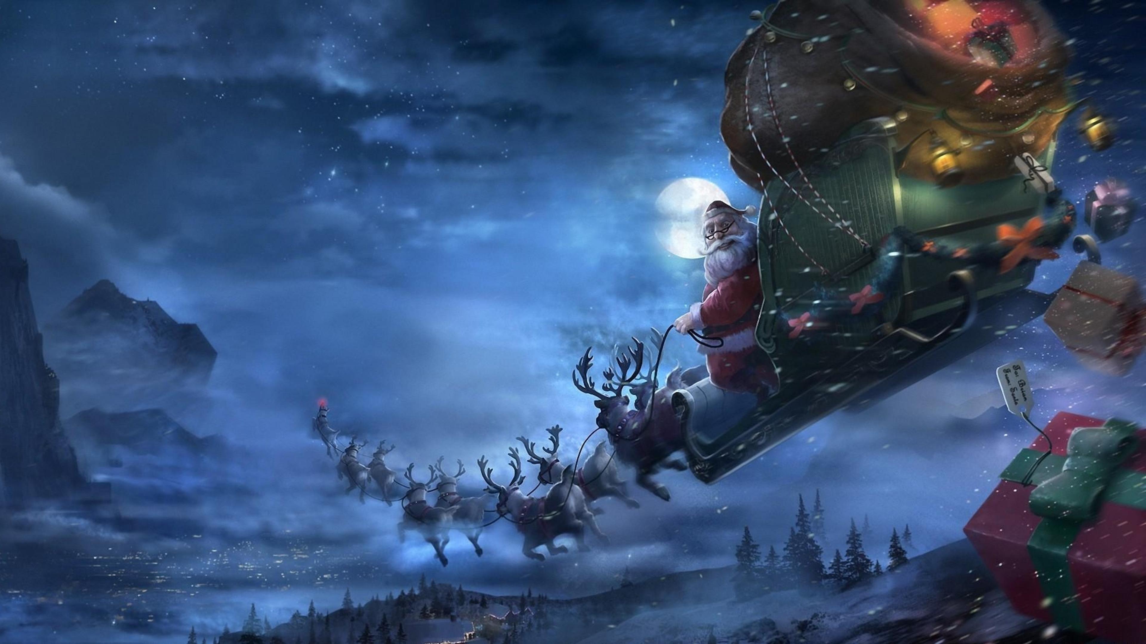 Santa Claus With Rudolf And Deers Flying Merry Christmas