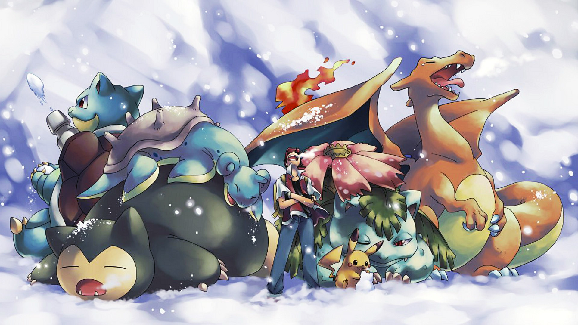 A group of Pokemon and their trainer enjoying a snowy day