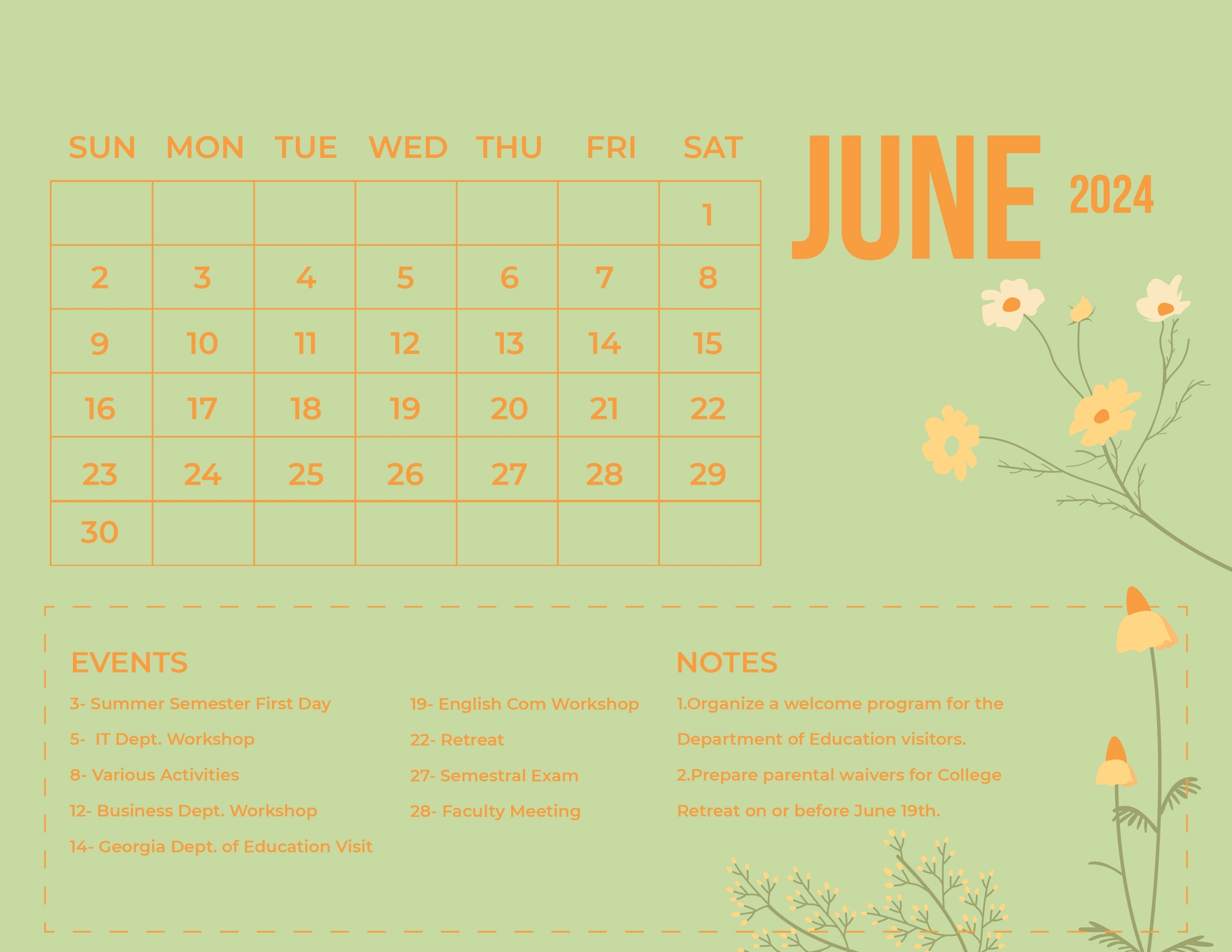June 2024 calendar with events and notes on a green background with floral accents