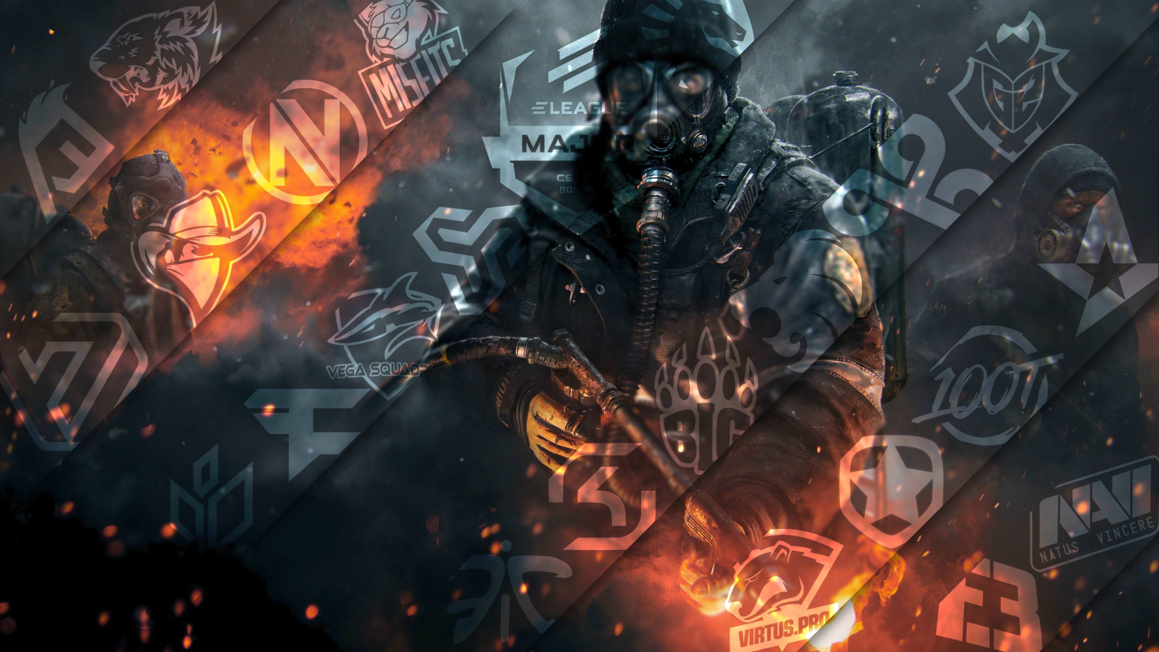 A cool 4k wallpaper featuring a post-apocalyptic soldier in a gas mask amidst a fiery backdrop overlaid with esports team logos