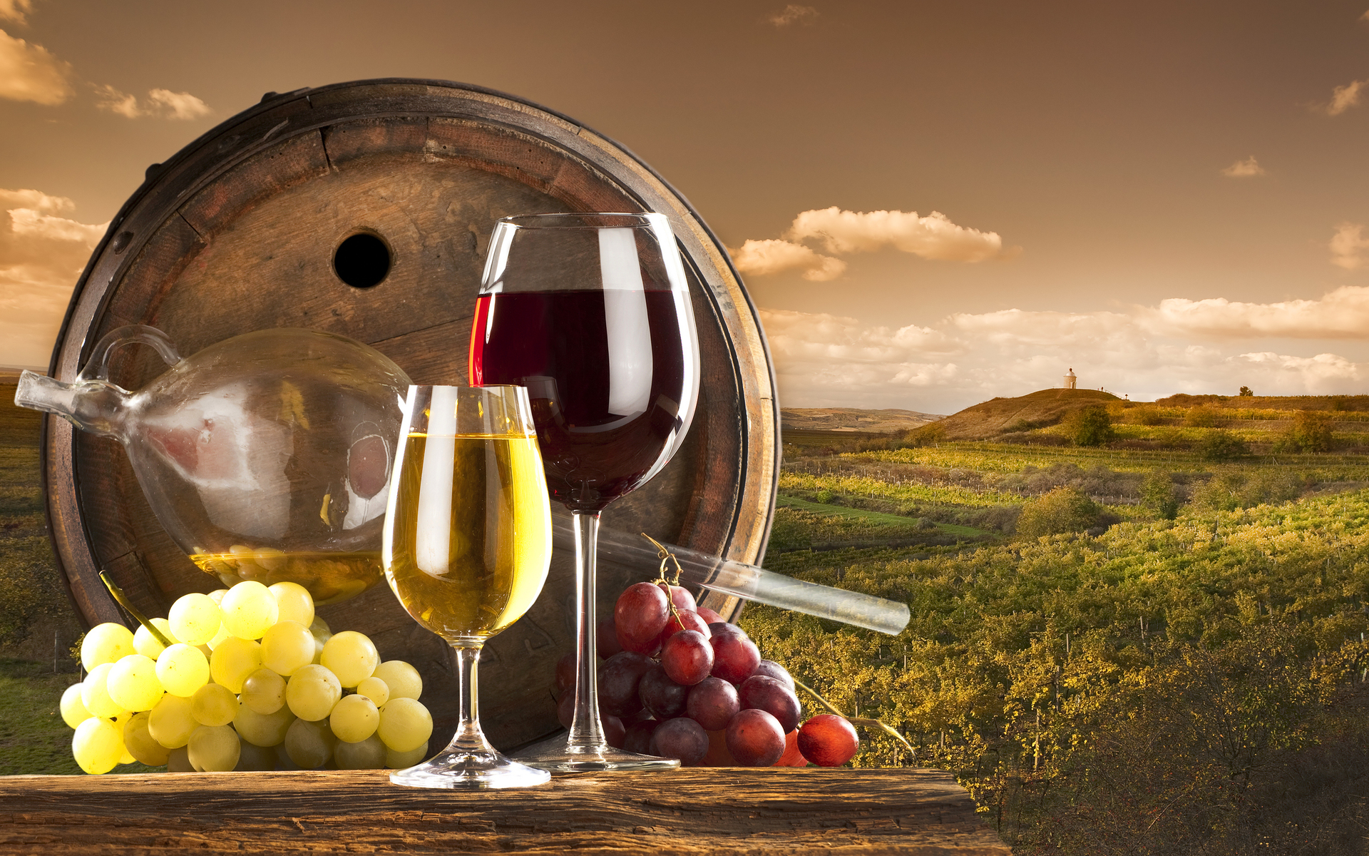 Red And White Wine With Barrel On Vineyard Desktop Mobile