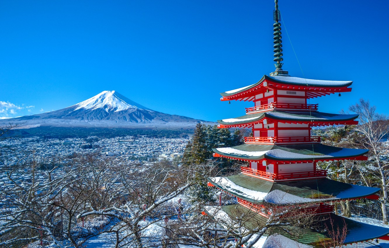 Wallpaper winter mountain the volcano Japan Fuji panorama 1332x850
