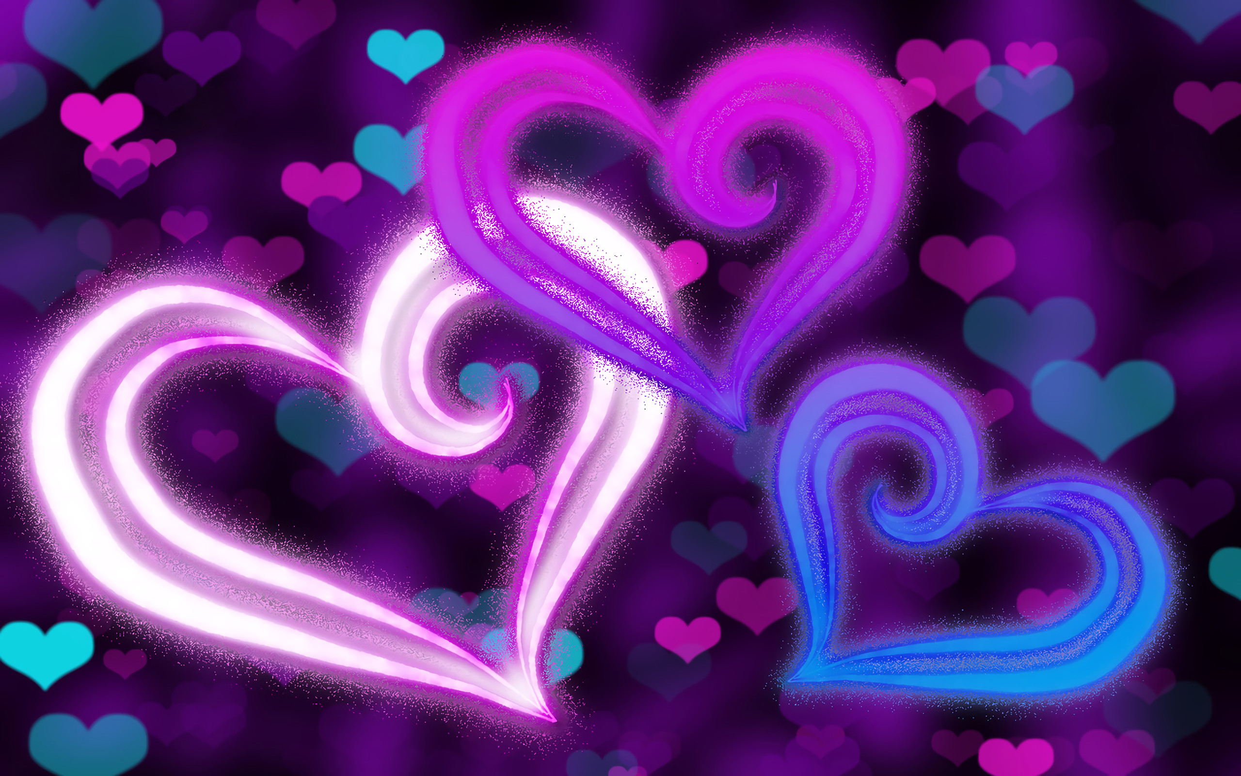 Three vibrant, glowing hearts intertwine on a backdrop of blurred smaller hearts, creating a romantic and abstract digital art piece