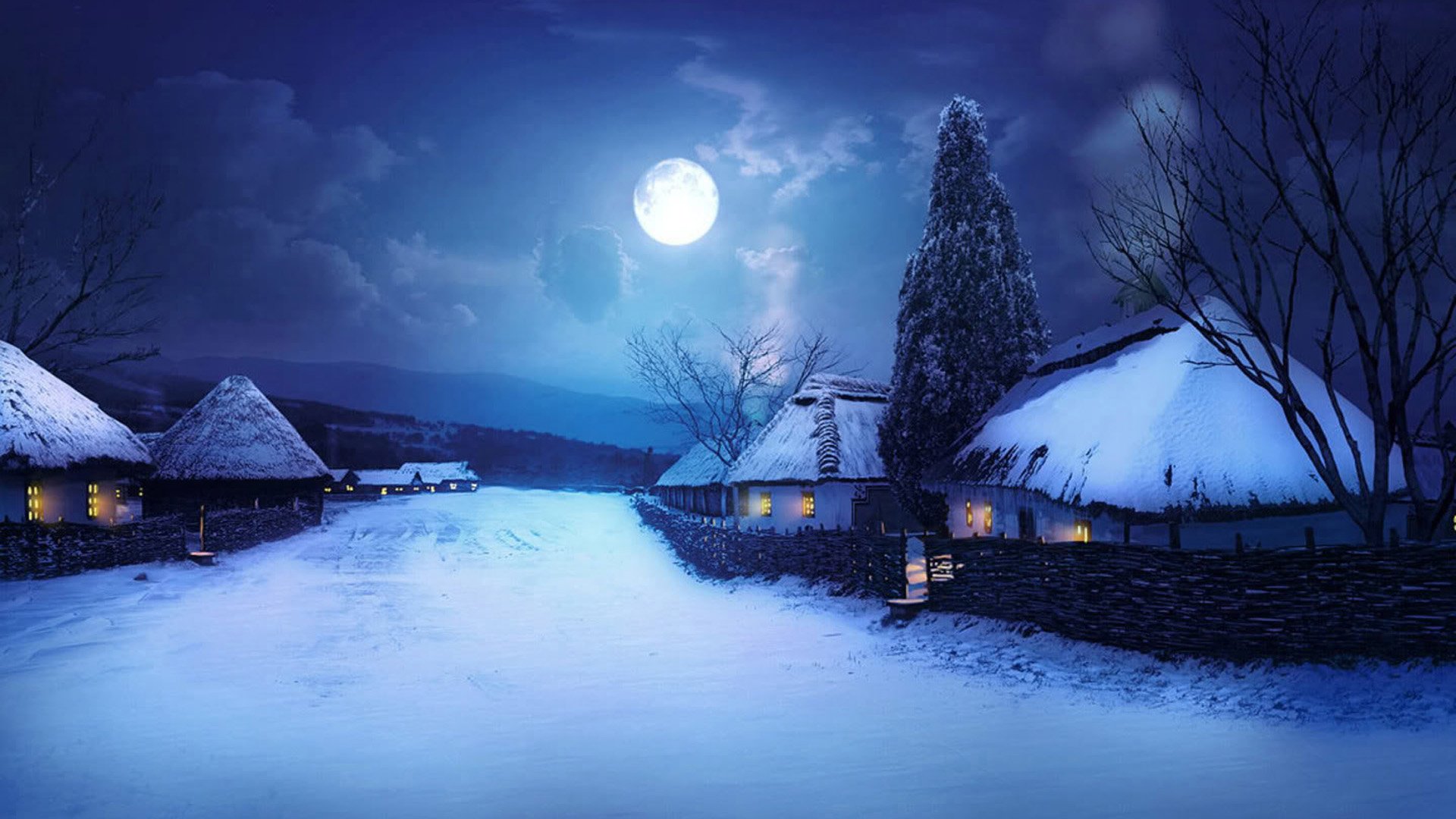Full Moon Night In Winter Village