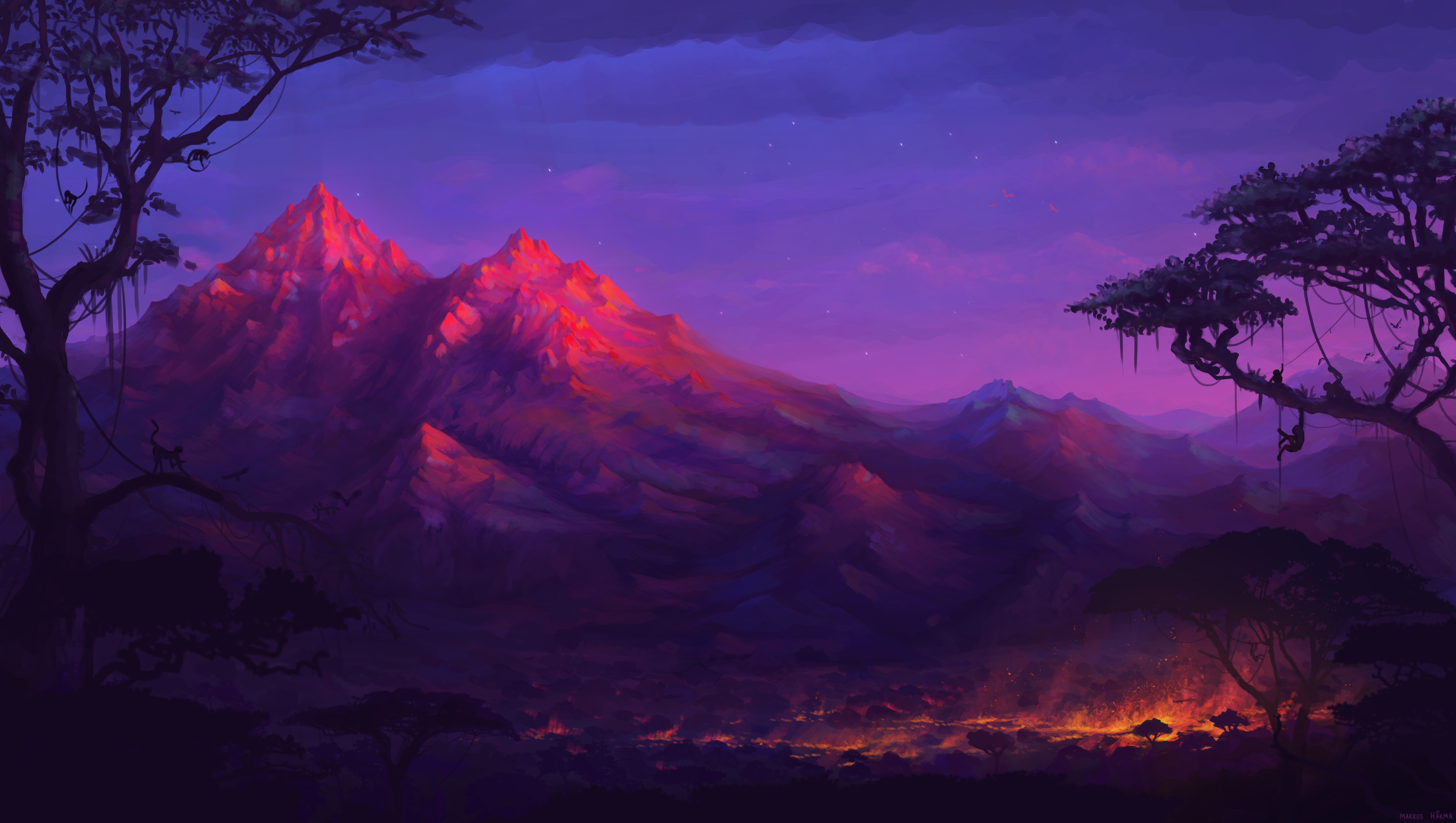 4K digital art wallpaper of a vibrant mountain landscape at sunset, with glowing lava flow in the foreground and silhouetted jungle trees