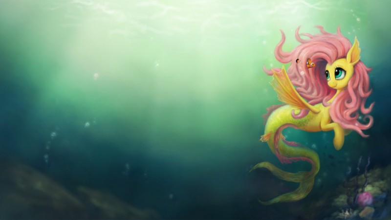  pink hair sea pony seaweed smile solo underwater wallpaper yellow body