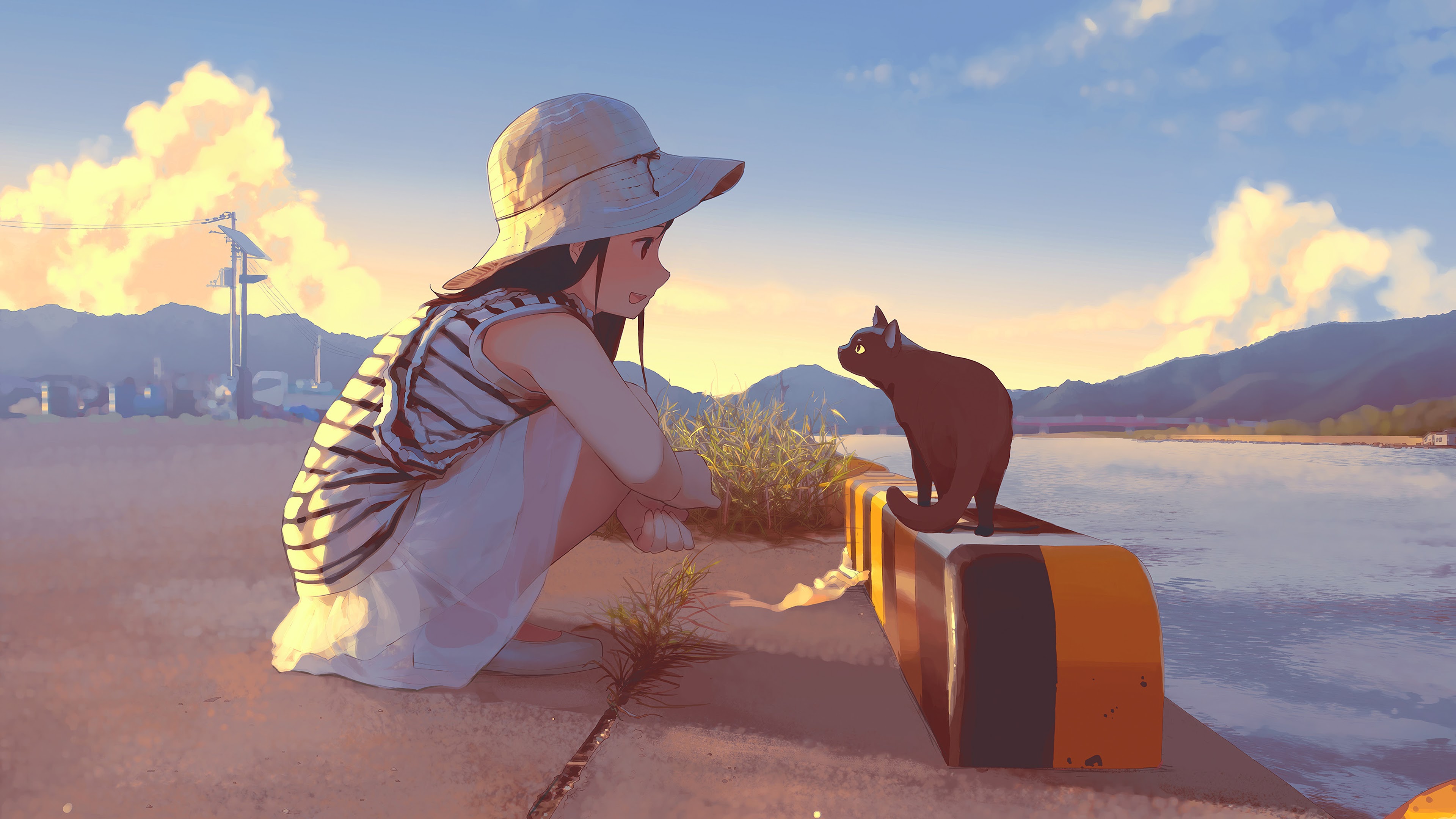 Anime Girl Staring Cat 4k Wallpaper