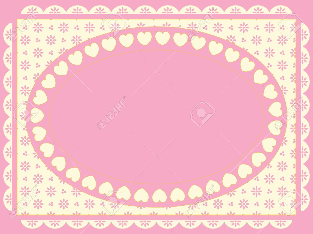 Oval Frame Of Hearts On A Victorian Eyelet Background In Shades