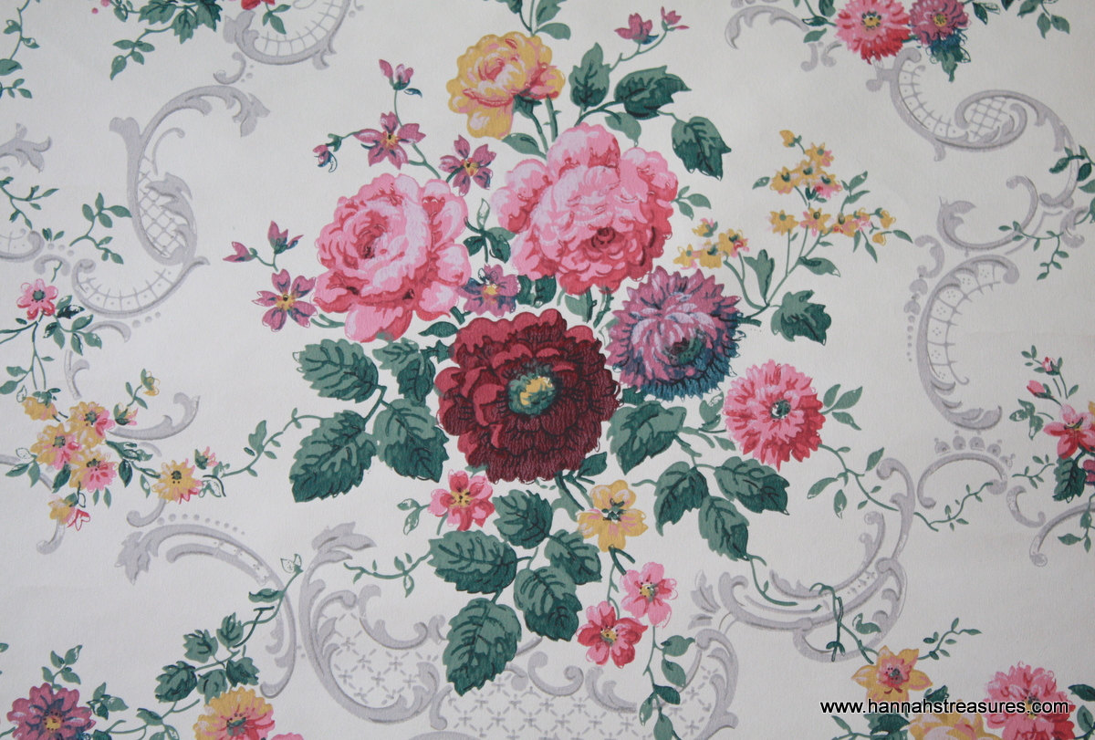S Vintage Wallpaper Cabbage Rose Bouquets By Hannahstreasures