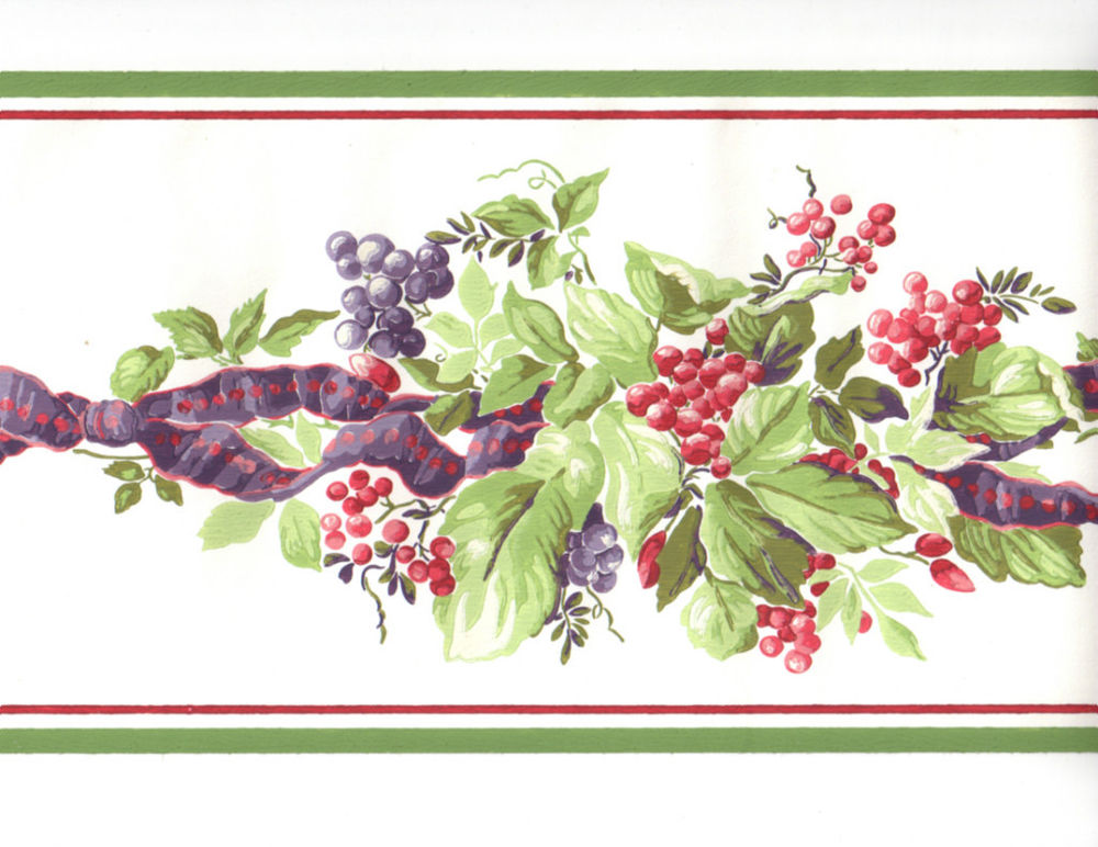 Red Berry Purple Ribbon Grape Garland Green Ivy Leaf Vine Wall Paper