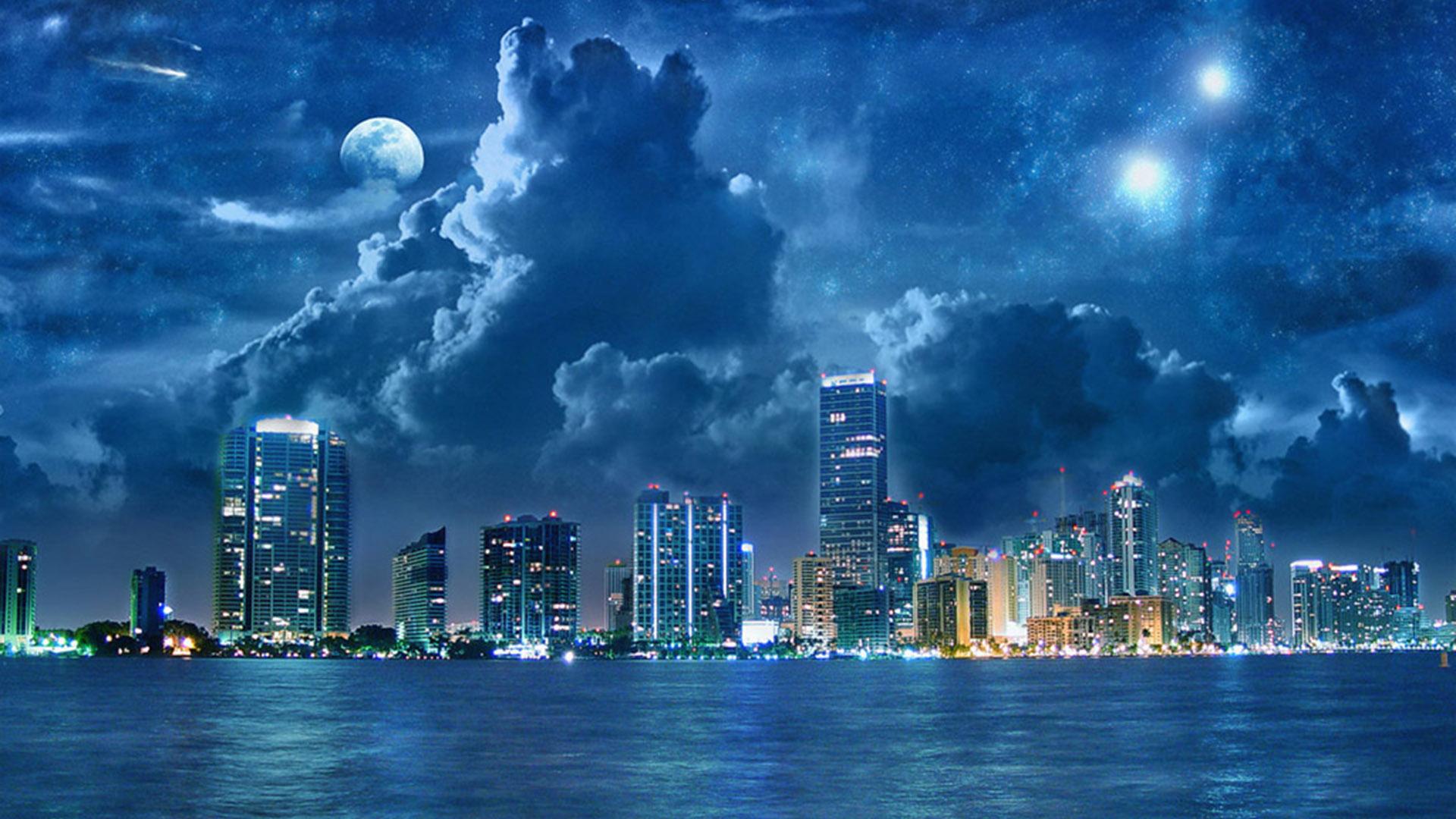 Blue Wallpaper For Background Beautiful Night City HD