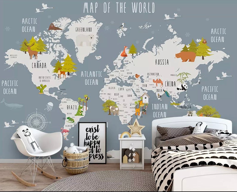 Kids World Map Wallpaper Nursery Animal Wall Murals Boys