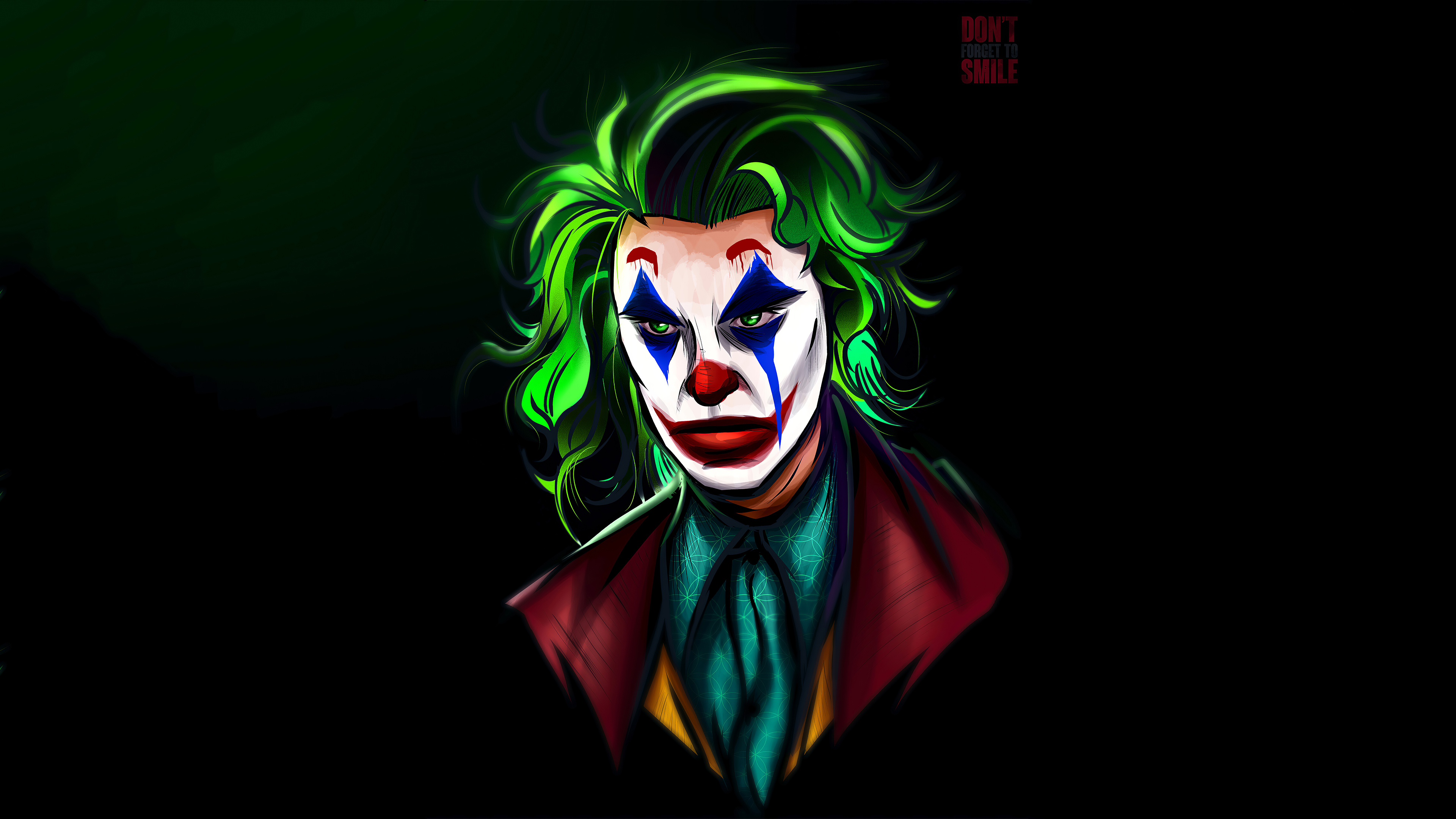 A sinister digital art portrait of the Joker with green hair, clown makeup, and a menacing expression against a dark background