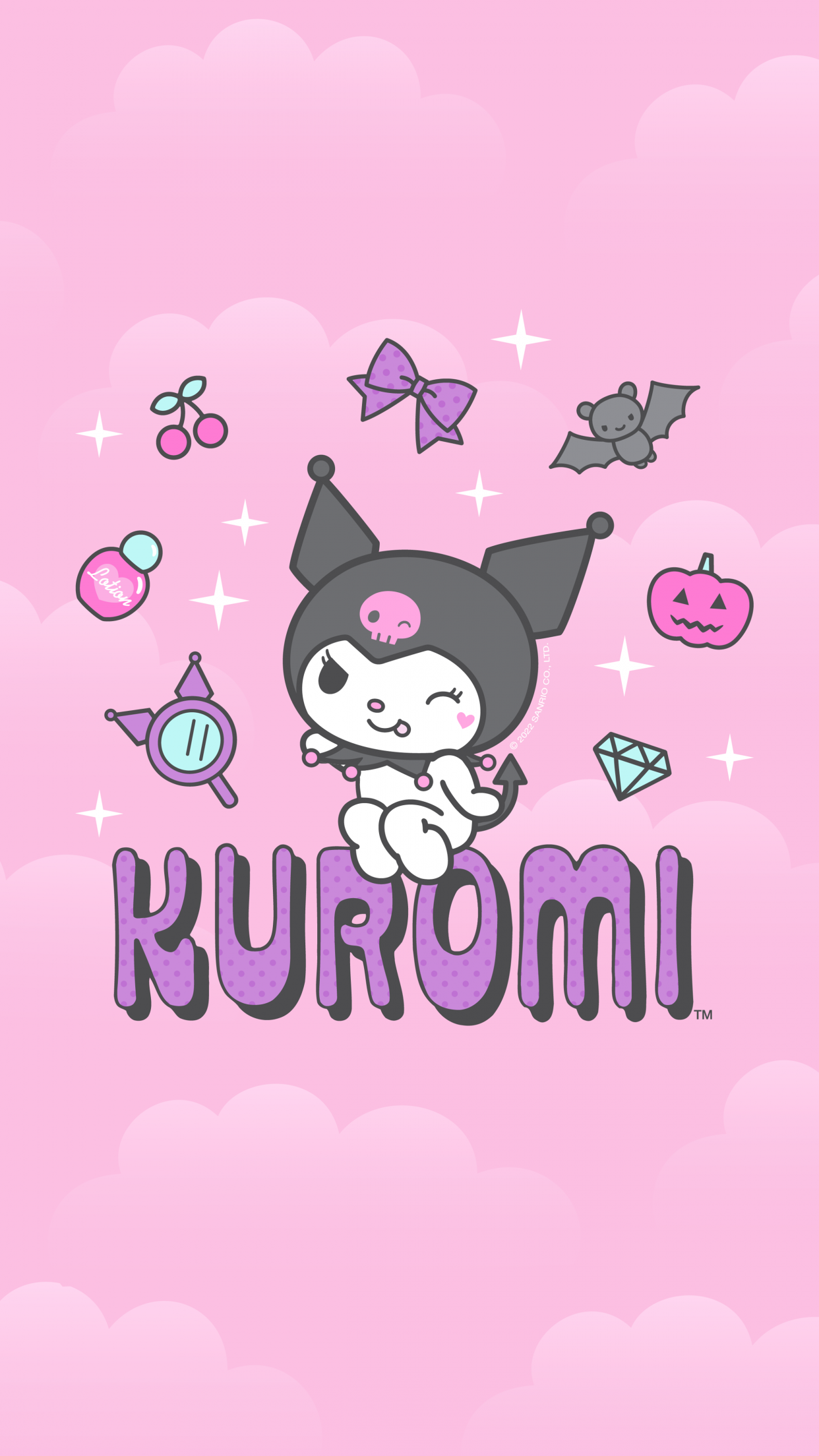 A cute, stylized image of Kuromi, the popular Sanrio character, against a pink background. She is surrounded by various elements like a bow, a bat, a pumpkin, and a diamond, highlighting her mischievous and charming personality